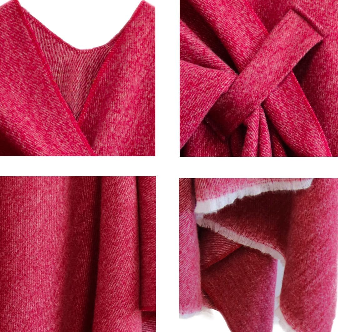 KASTWAVE Women's Poncho Reversible Oversized Shawls Elegant Knitted Cape Blanket Front Wrap Cardigan Scarf Coat for Spring Autumn, Red