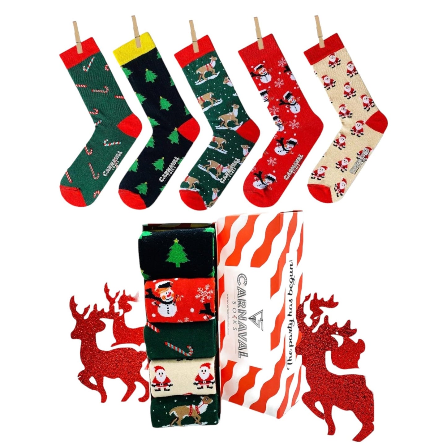 CARNAVAL SOCKS THE PARTY HAS BEGUN Women's & Men's Christmas Novelty Socks, Multicolor Cartoon Crew Length, 2 Count, Adults, Christmas Lovers, Novelty Socks Enthusiasts - Medaid International