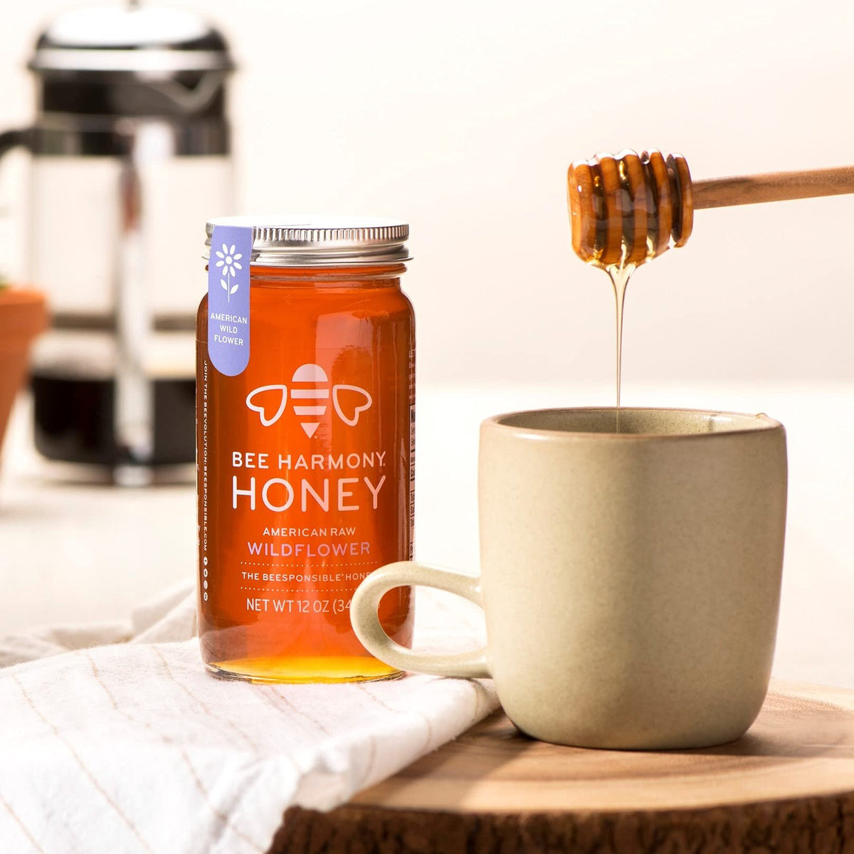 Bee Harmony American Raw Wildflower Honey, 12 OZ (Pack of 2 Jars) - Medaid International