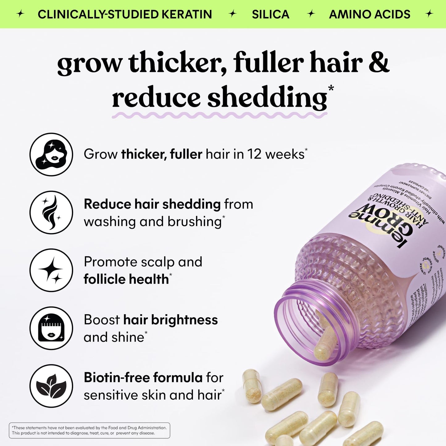 Lemme Grow Hair Growth Supplement for Women, Clinically Proven Keratin Complex for Visibly Thicker Hair and Scalp Coverage, Reduced Shedding, Nourish Thinning Hair - 1 Month Supply - Medaid International