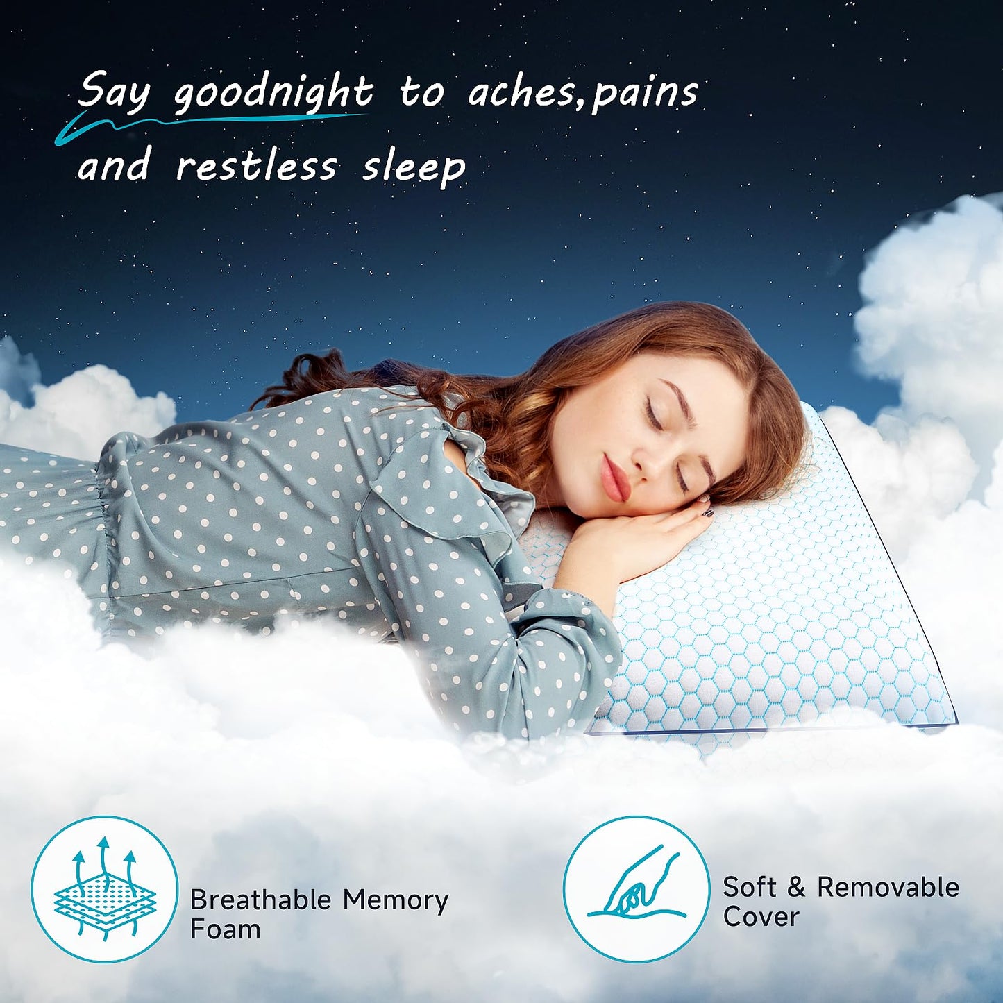CushyOasis Memory Foam Pillows for Side, Back and Stomach Sleepers, Set of 2, Bed Pillow with Washable Cover and Breathable Mesh, Bed Pillow for Sleeping (Blue,Standard Size) - Medaid International