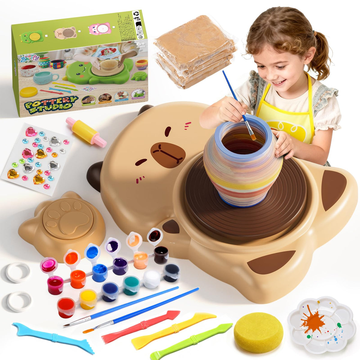 Skirfy Mini Pottery Wheel Kit for Beginners Kids with Light,Electric Ceramic Wheel with Foot Pedal&Painting Kit, Adjustable Speed,Clay Spinner DIY Tools for Art Craft Birthday