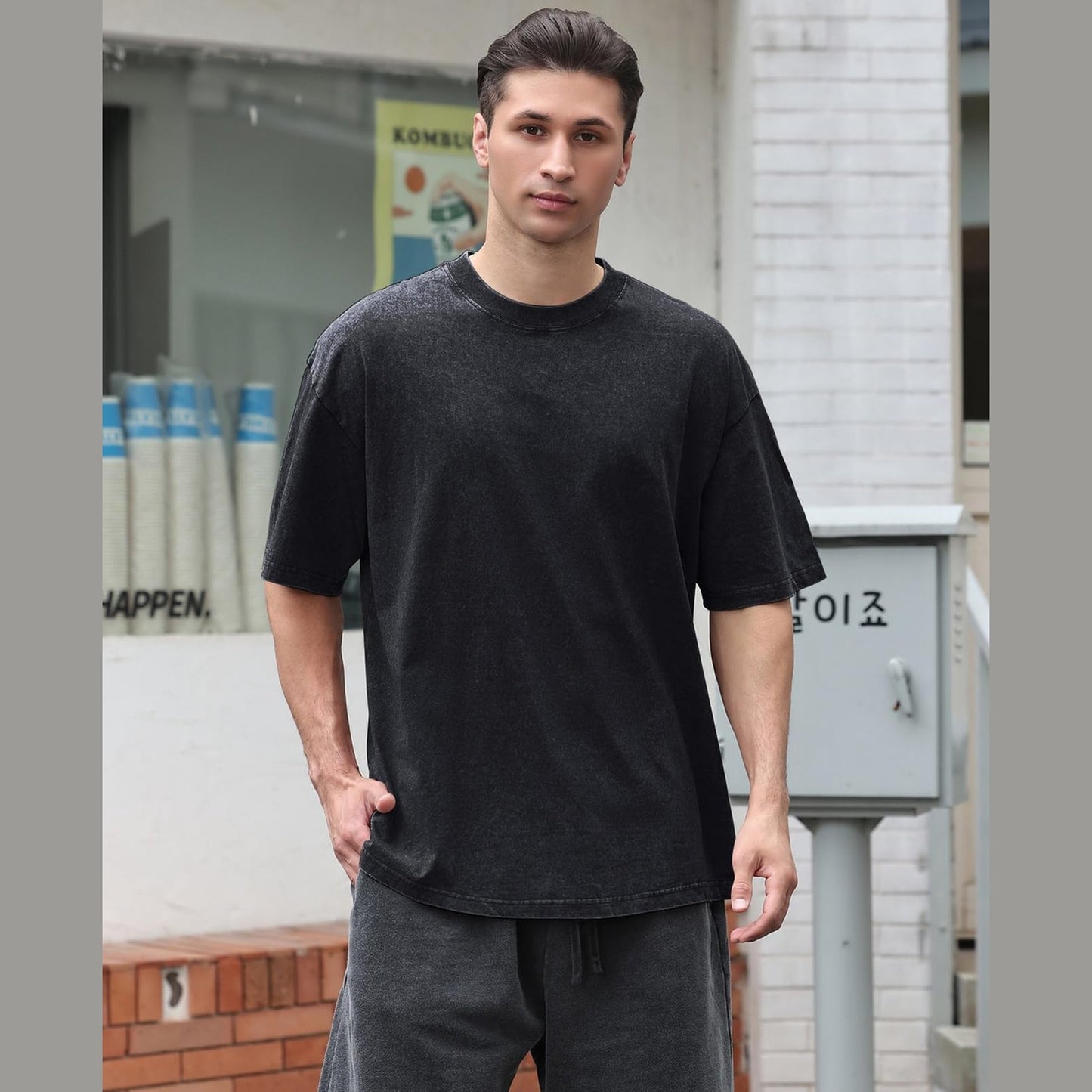 KEEPSHOWING Men's Cotton T-Shirts Oversized Unisex Short Sleeves Casual Loose Wash Solid Basic Tee Tops(A-Black M) - Medaid International