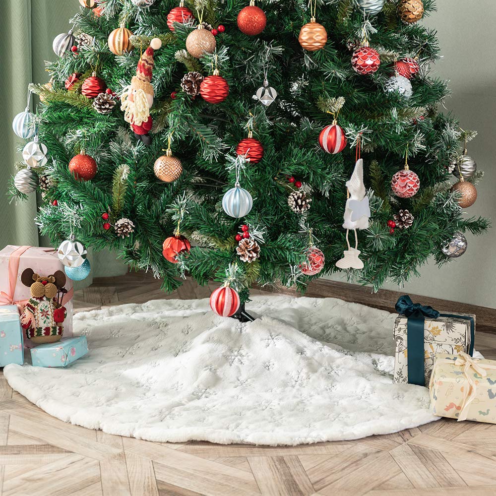 Amidaky Christmas Tree Skirt 48 inches White Faux Fur Silver Snowflake Sequin Embroidered Luxury Tree Skirt Xmas Decoration - Medaid International