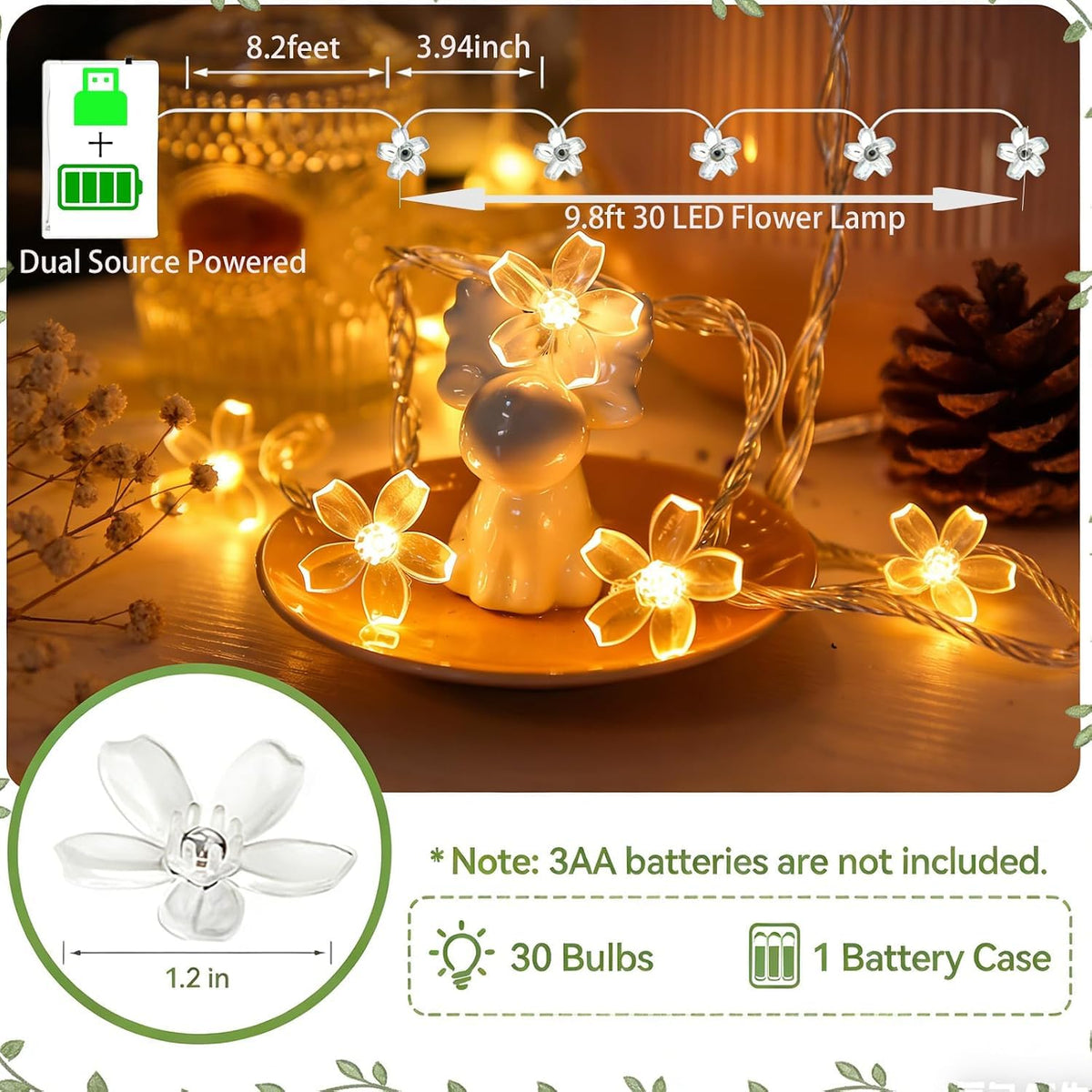TERRIFI LED Flower String Lights for Home Decor, 3m 20 LED Warm White Fairy Lights with USB and Battery Dual Power, Decorative Cherry Blossom Lighting for Indoor Outdoor Living Room Bedroom Garden