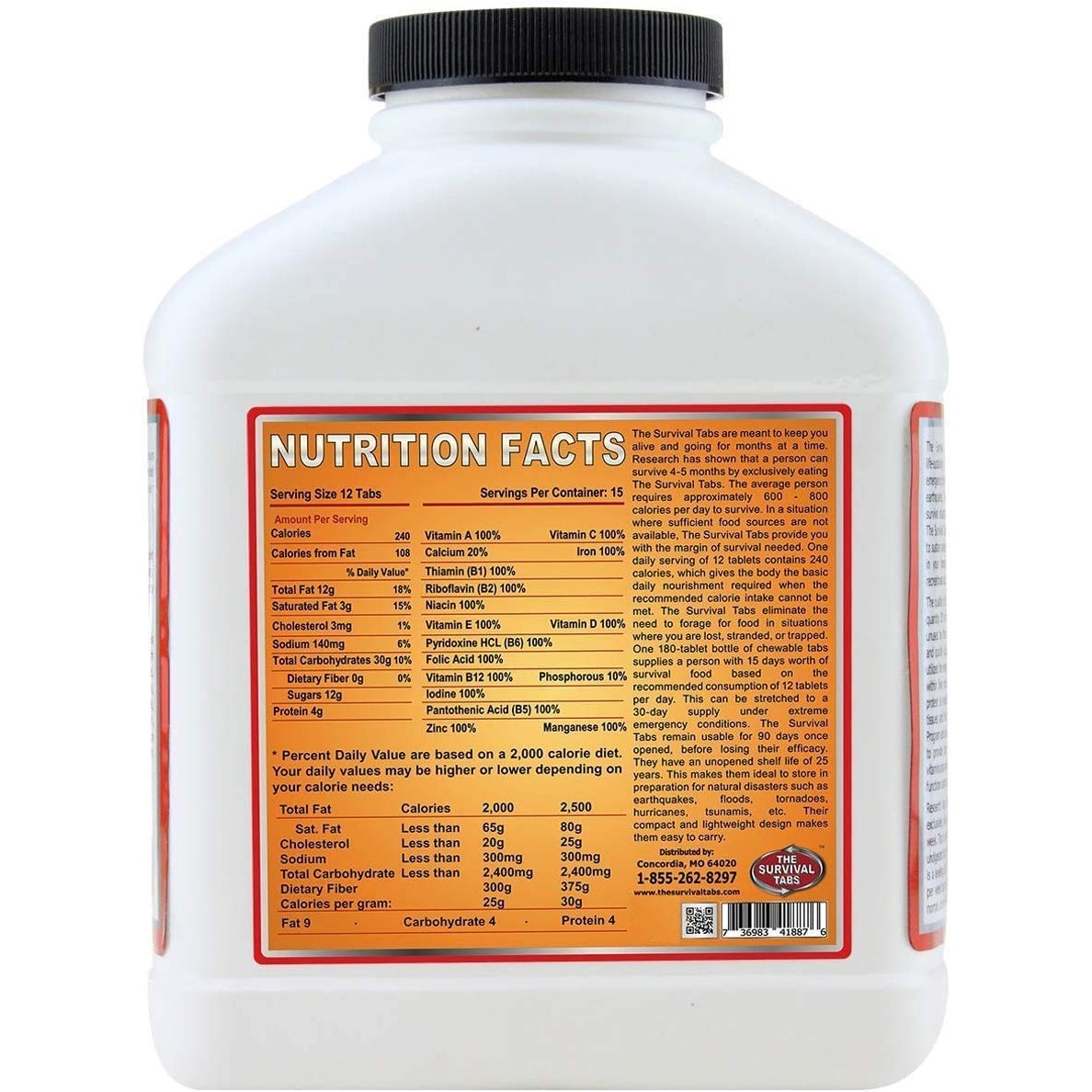 Survival Tabs - 60 day Survival Food Supply - Gluten Free and Non-GMO 25 Years Shelf Life (4 x 180 tabs/Bottle - Chocolate)