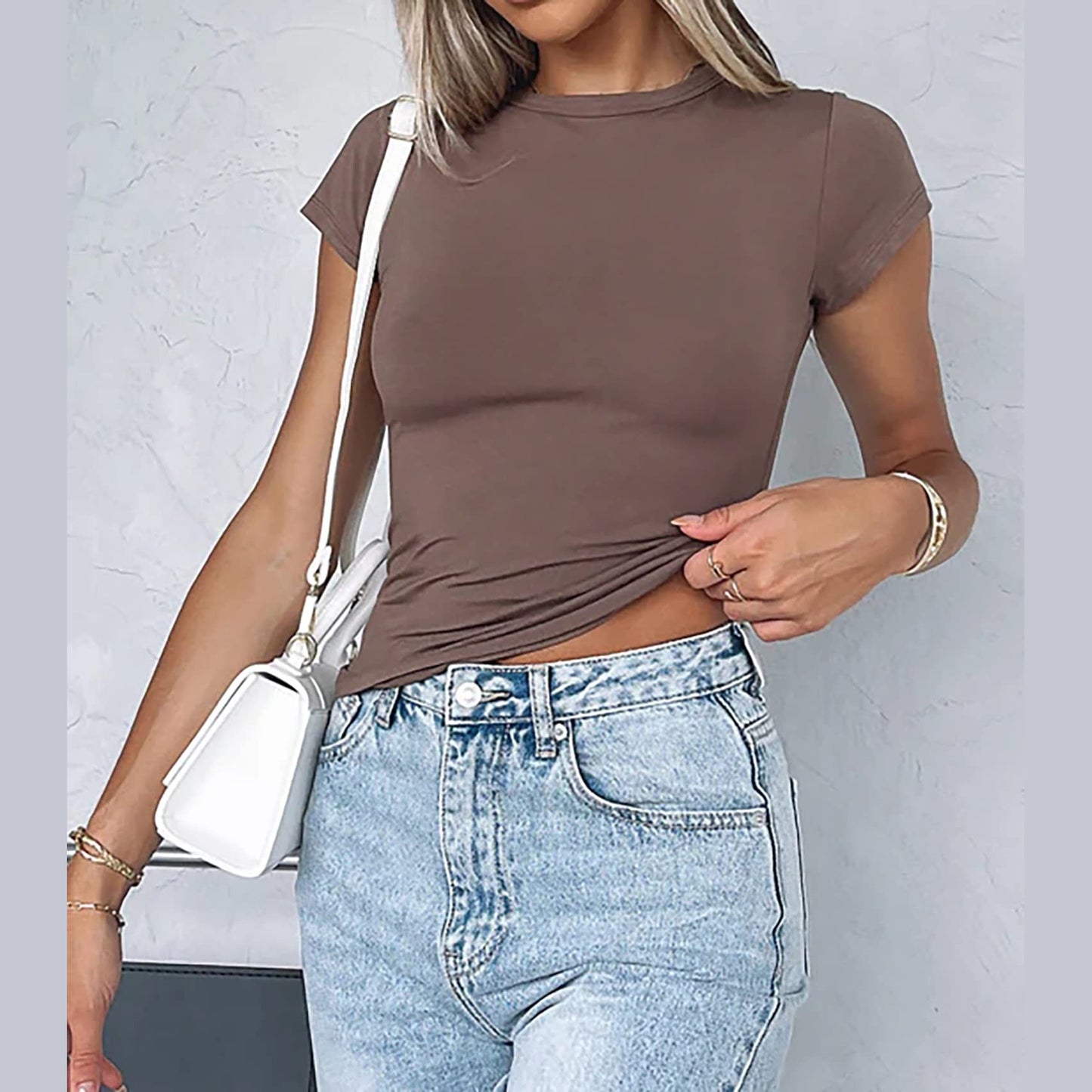 BAIGRAM AKLOPVII Women’s Basic Slim fit Crop Top Tee Shirt Short Sleeve Workout Round Neck Cropped Tshirt Brown - Medaid International