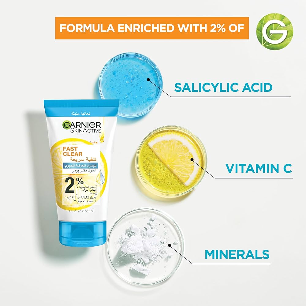 Garnier fast clear 2% salicylic acid & vitamin C 3in1 anti-acne exfoliating wash 150ml