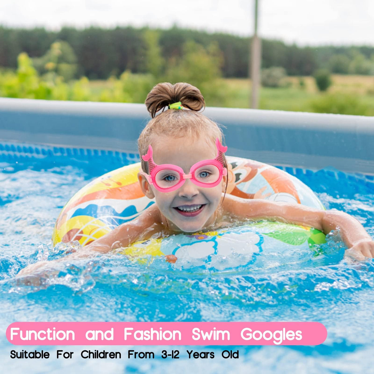 KASTWAVE Anti-Fog Swimming Goggles for Kids (Age 3-14) – Cute Mermaid Tail Design, UV Protection, Waterproof, with Ear Plugs, Nose Clip & Glasses Case