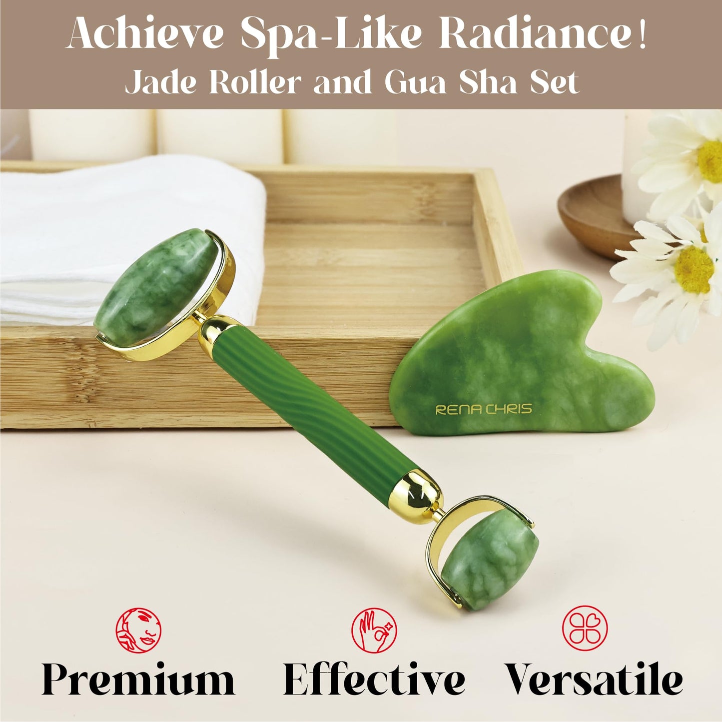 Rena Chris Gua Sha and Face Roller Set: Anti-Breakage Jade Roller for Long-Lasting Use, Jawline Sculpting and Puffiness Reducing, Gua Sha Facial Tools for Self Care Gift (Green) - Medaid International