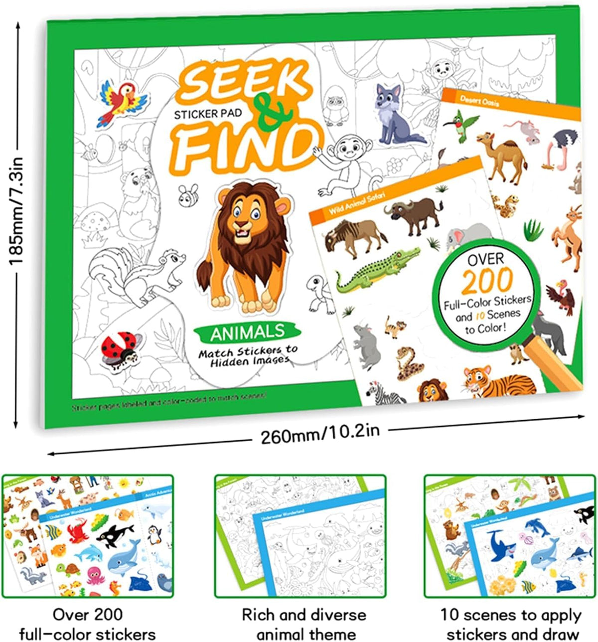KASTWAVE Animal Sticker Book for Kids 3-6 | Find The Animal Sticker, 10 Themes with 200+ Stickers, Search & Find DIY Educational Toy for Toddlers