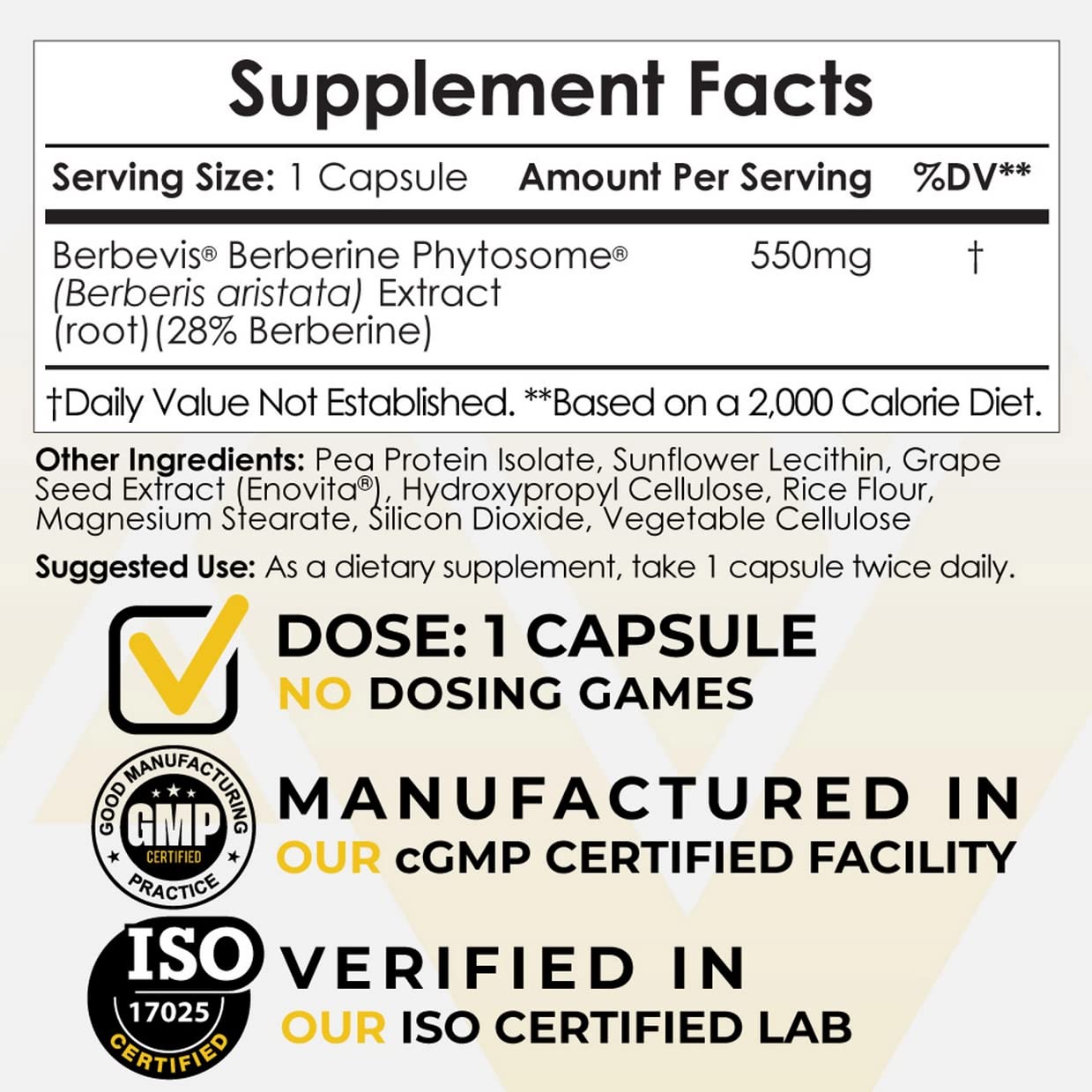 Berberine Phytosome Capsules | 550mg | High Bioavailability Berberine | Berbevis | Berberis aristata | Metabolic Health, Cognitive Function - Medaid International