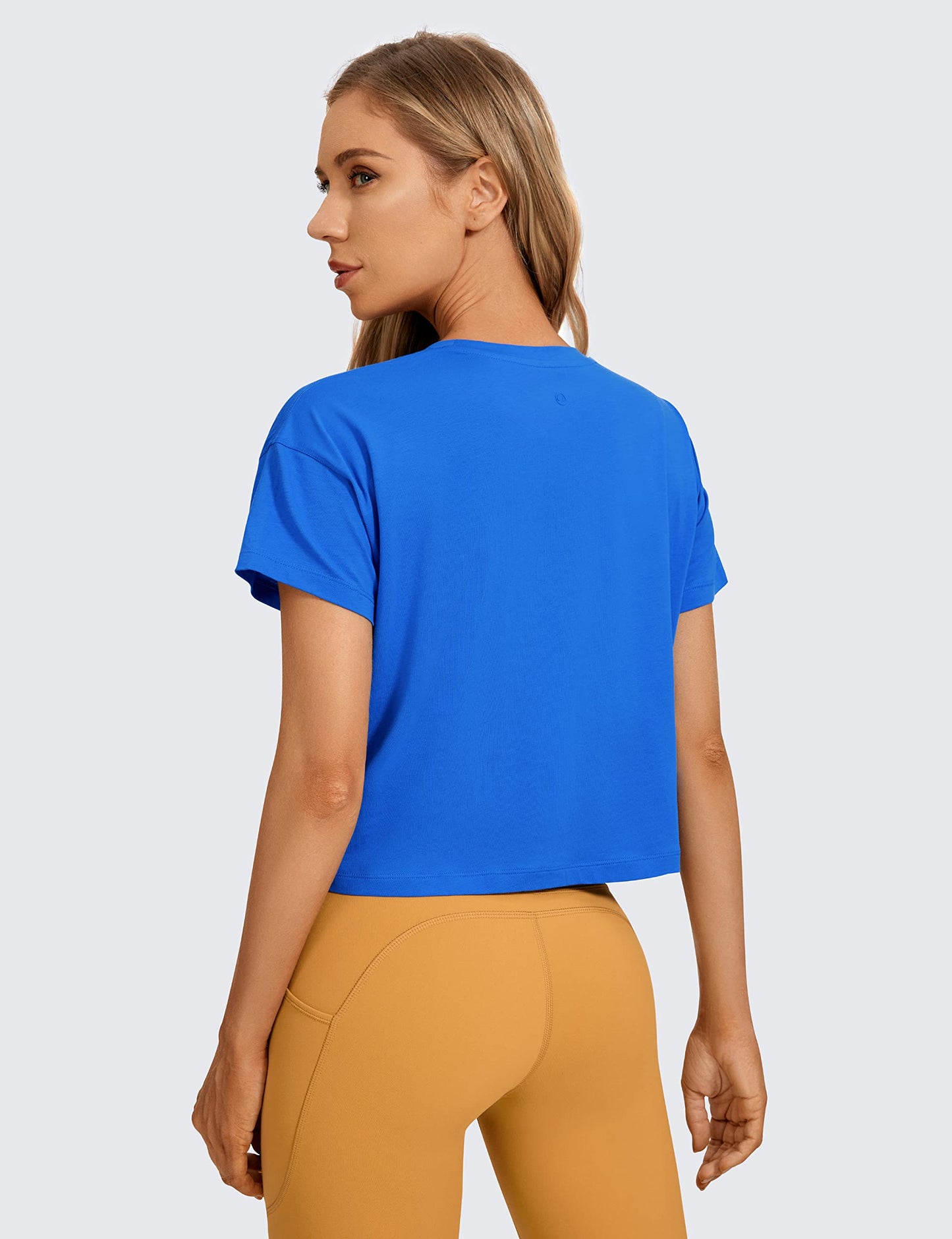 CRZ YOGA Women's Pima Cotton Workout Short Sleeve Shirts Loose Athletic Crop Tops Gym Casual Cropped T-Shirt Strong Blue Medium - Medaid International