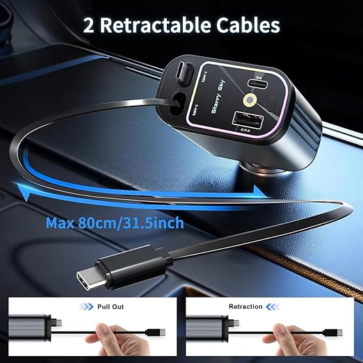4-in-1 Retractable Car Charger with Star Light Cables – Fast Charging for iPhone, Galaxy & USB-C Devices
