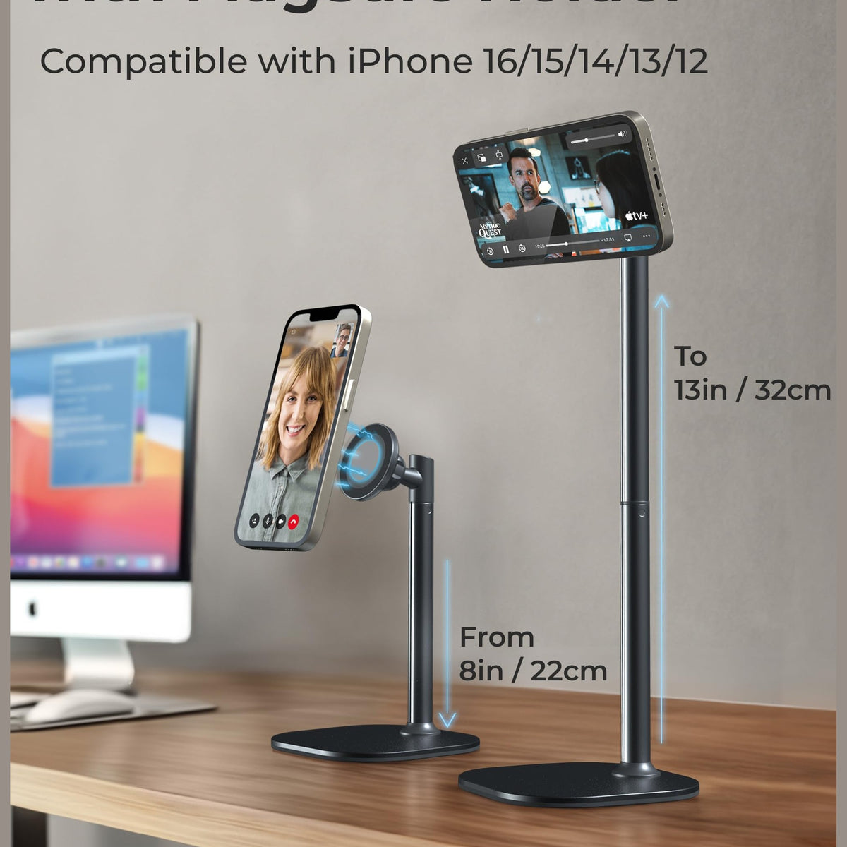 COOPER MagStand - Adjustable Magnetic iPhone Stand for Desk & Phone Holder for Video Recording, Compatible with MagSafe, Stand for iPhone 17 Pro Max, 16/15/14/13/12, Small Mag Safe Tripod (Black) - Medaid International