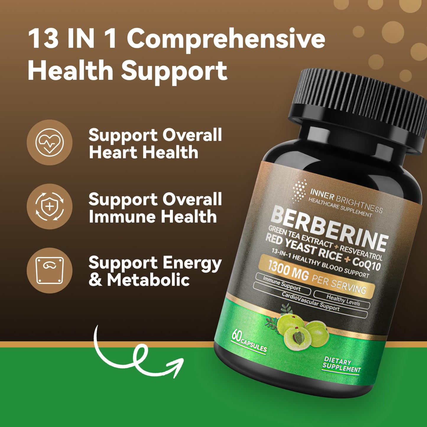 Berberine 1300mg with Green Tea Extract, Resveratrol, Red Yeast Rice & CoQ10 – 13-in-1 Immune Health, Natural Metabolic Support – 60 Capsules – Non-GMO, Lab Tested - Medaid International