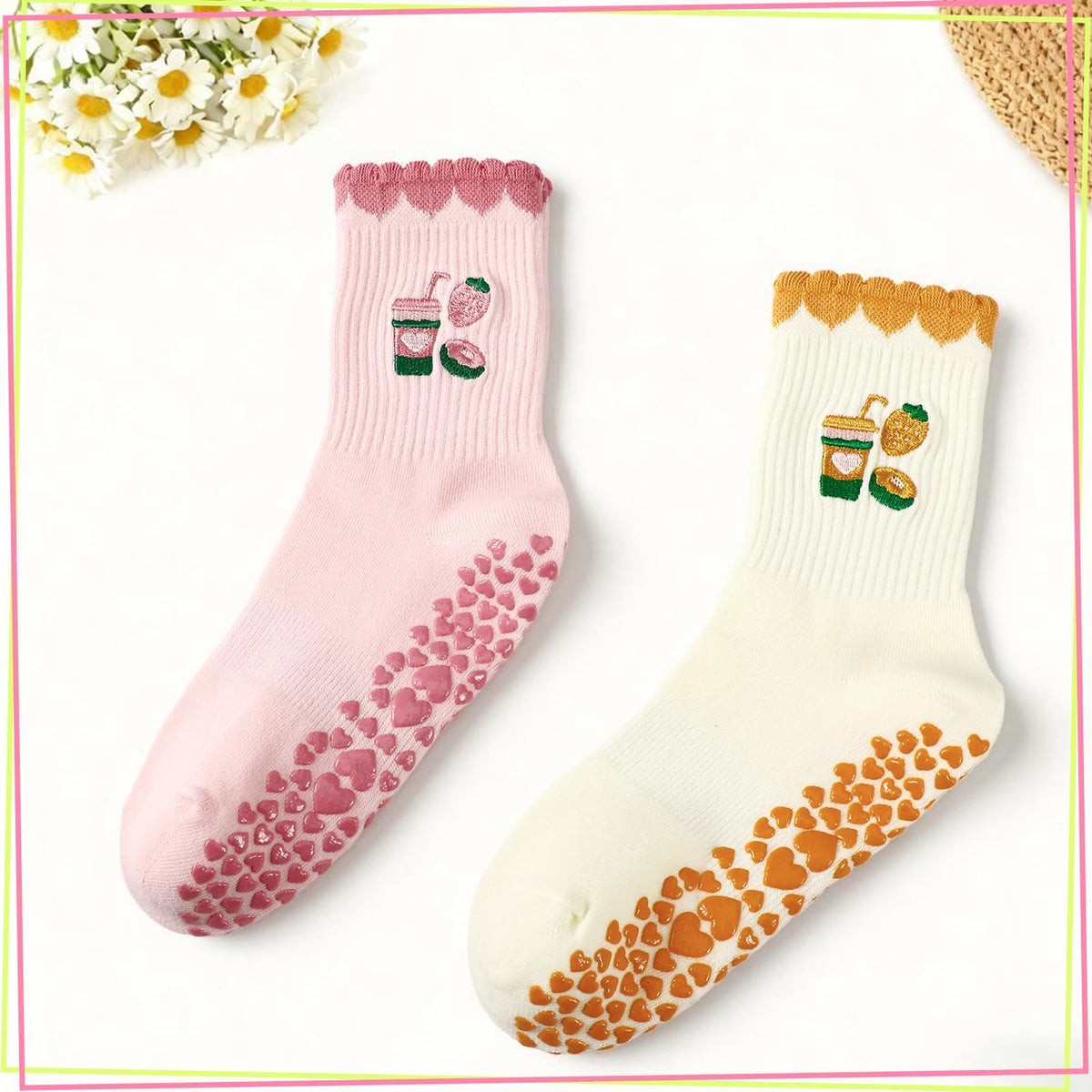 2 Pairs Non Slip Yoga Pilates Grip Socks for Women, Cute Ruffle Anti Slip Cotton Socks, Embroidered Design for Home Gym Barre Dance Ballet Hospital