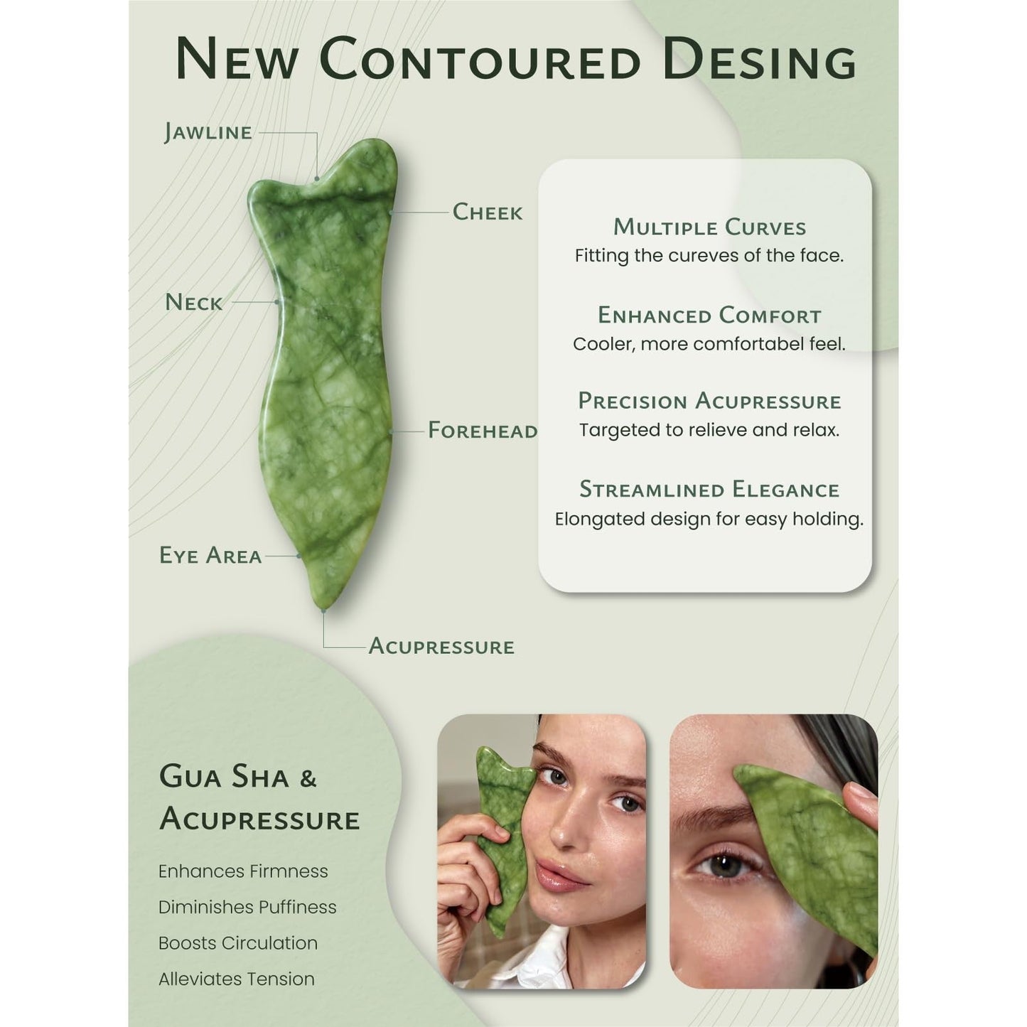 Rena Chris Natural Jade Gua Sha Facial Tools - Acupressure & Gua Sha for Face Massage, Jawline Sculpting, Puffiness Reduction, Skin Care Tool (Green) - Medaid International