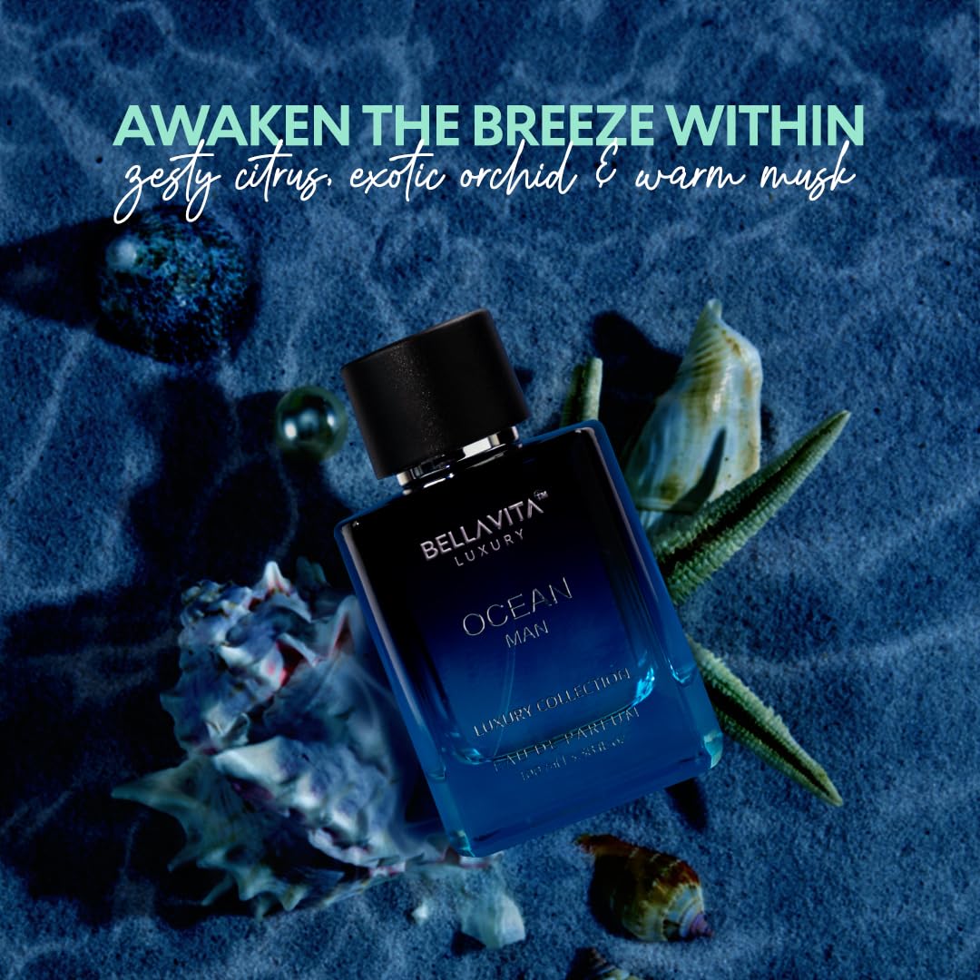 BellaVita Luxury OCEAN Eau de Perfume for Men (100ml) | Fresh Aquatic Fragrance | Notes: Aqueous, Bergamot, Orchid & Jasmine | Masculine Aromatic Fragrance | Mens Parfum Gift - Medaid International