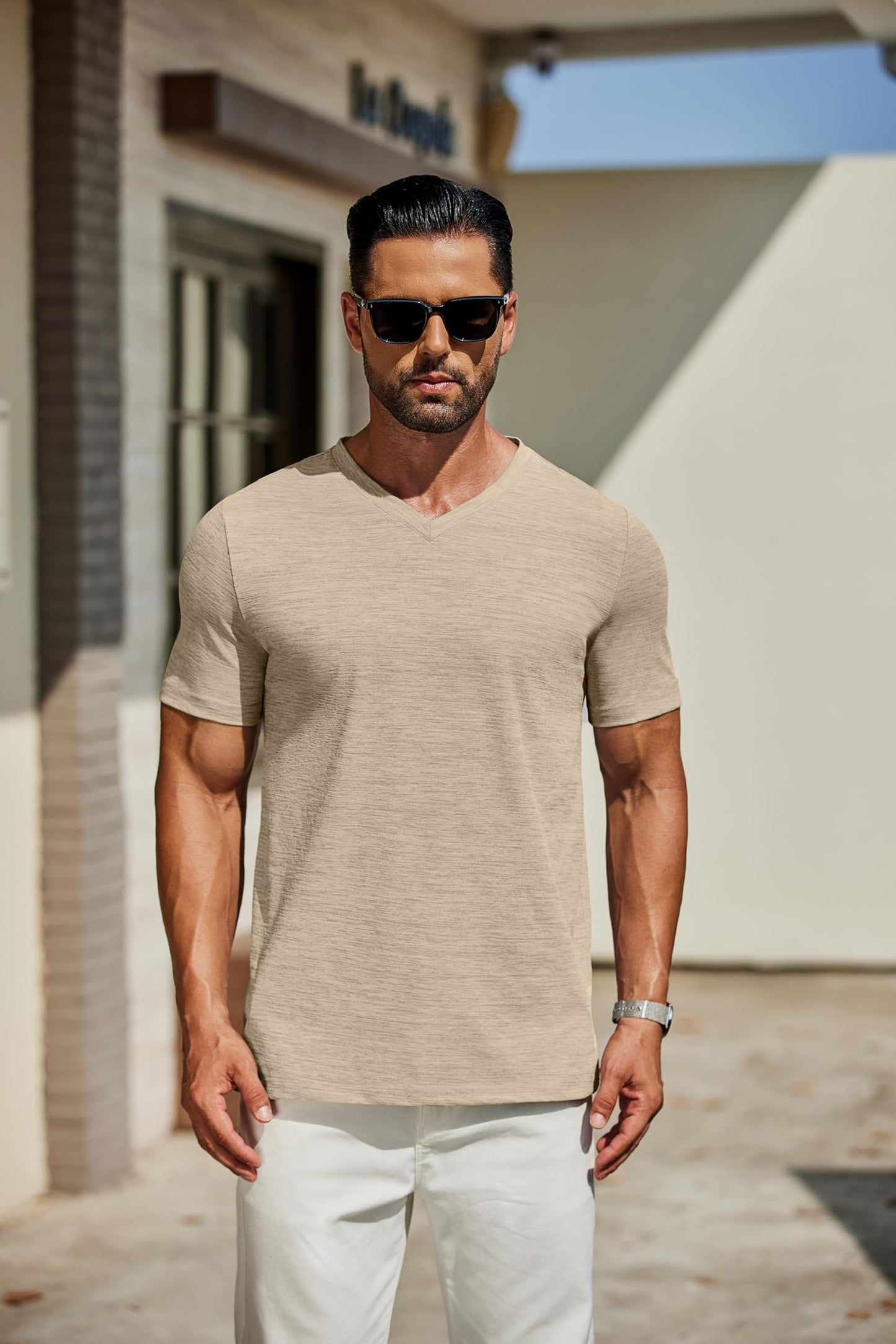 COOFANDY Men's T Shirts Short Sleeve Classic V Neck T-Shirt Casual Summer Basic Tee Shirt Khaki - Medaid International