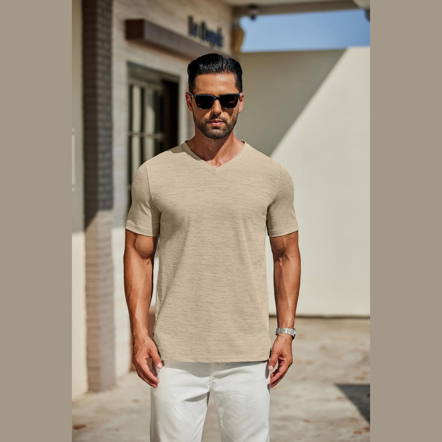 COOFANDY Men's T Shirts Short Sleeve Classic V Neck T-Shirt Casual Summer Basic Tee Shirt Khaki - Medaid International