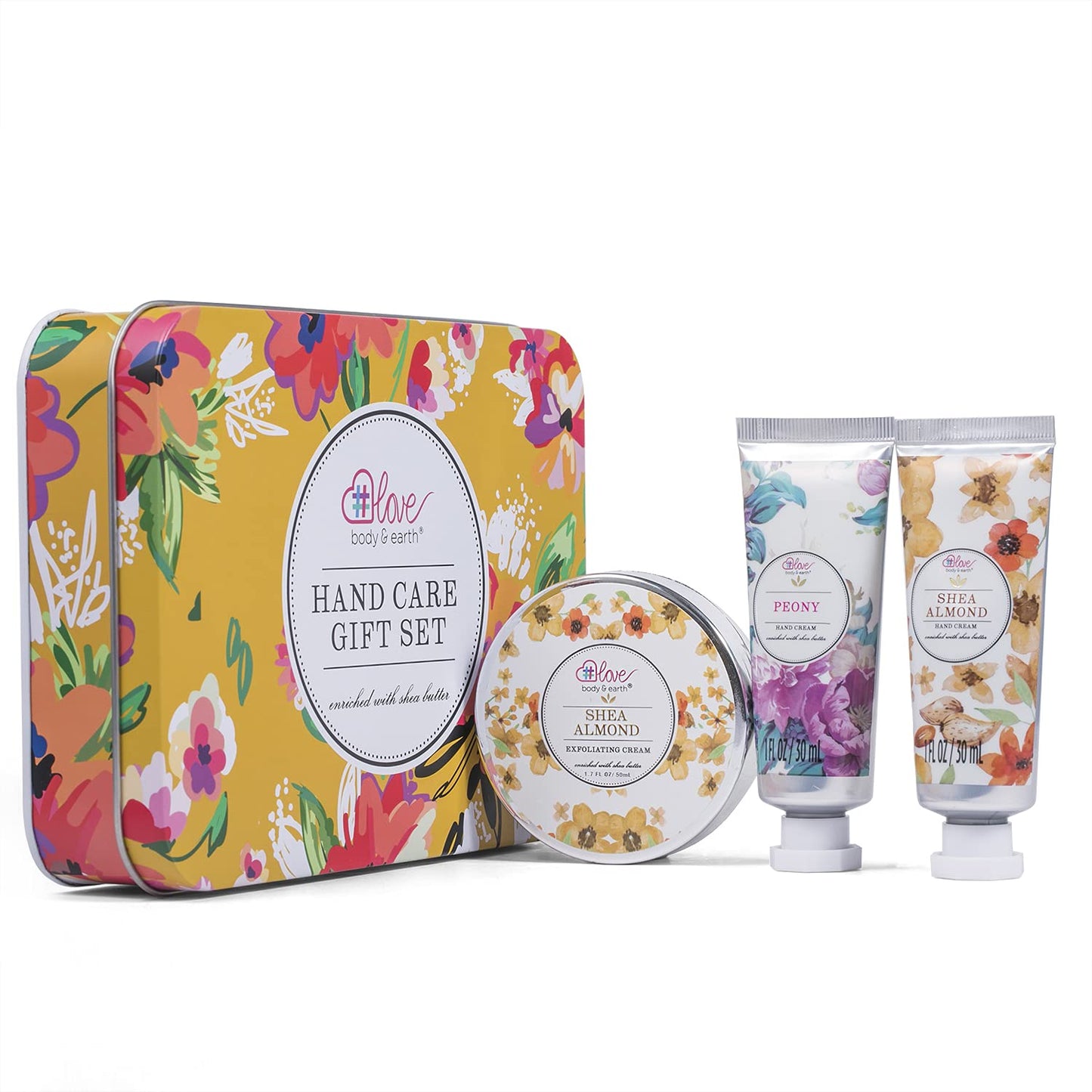 BODY & EARTH # LOVE Hand Cream Gift Set, Hand Lotion Sets for Mothers Day Gifts, Hand Care Set with Shea Butter, Travel Size Lotion Set for Women, 2 Hand Cream & Exfoliating Cream, Birthday Gifts Box - Medaid International