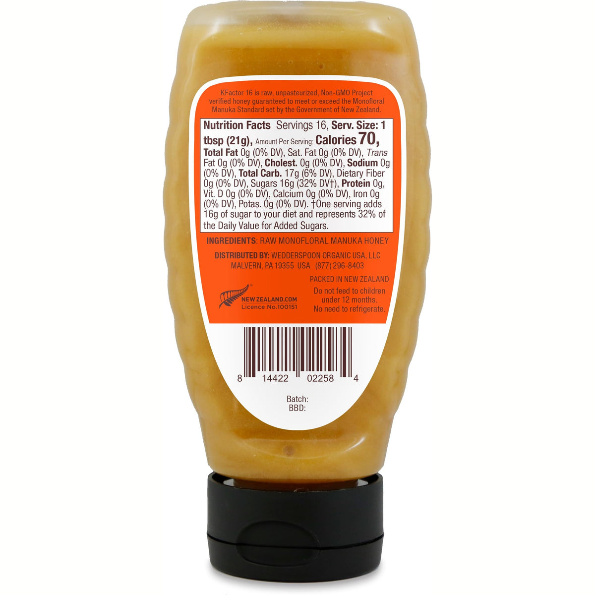 Wedderspoon Raw Manuka Honey, Unpasteurized, Genuine New Zealand Honey, Multi-Functional, Non-GMO Superfood, Convenient Squeeze Bottle, KFactor 16, 12 Ounce - Medaid International