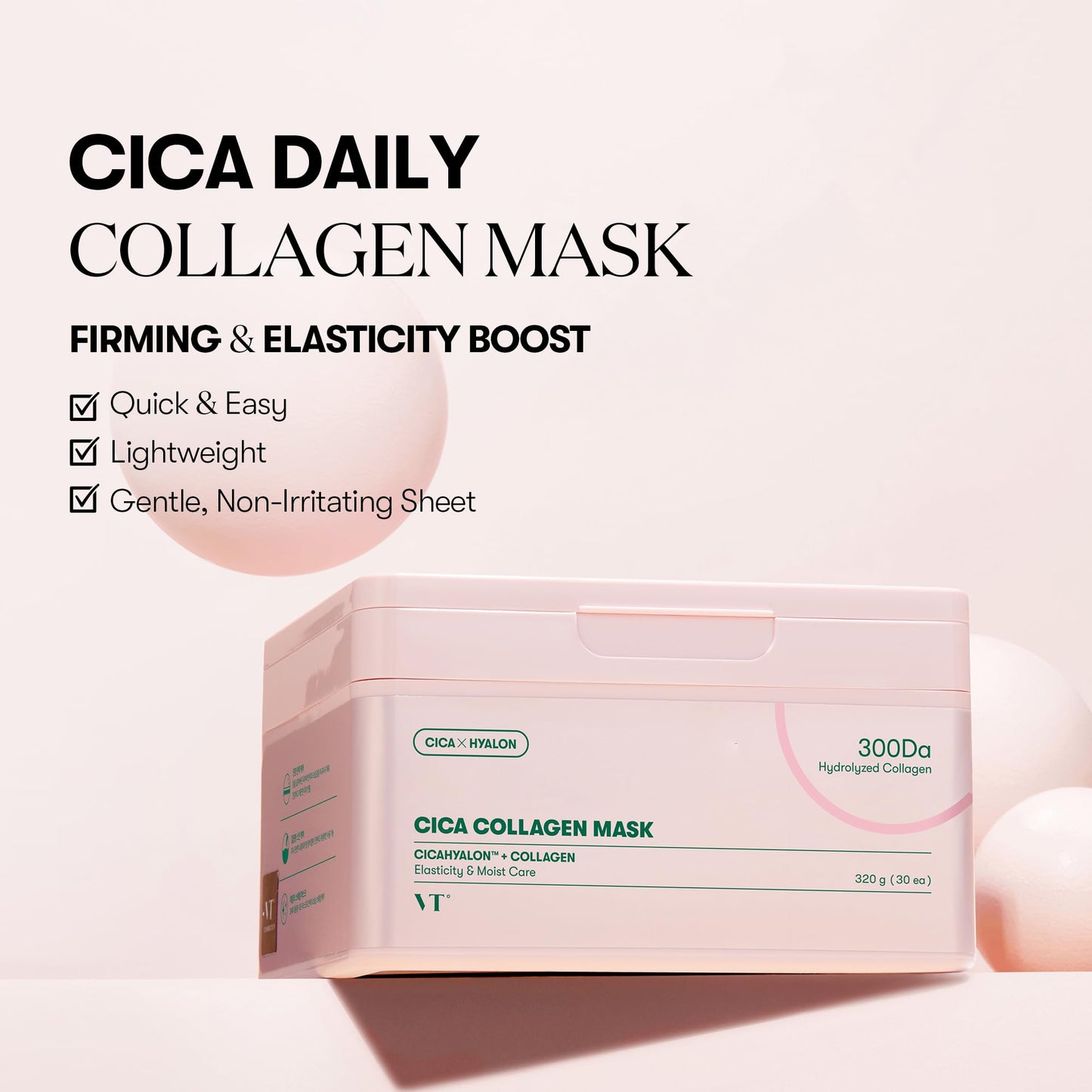 VT COSMETICS CICA Collagen Daily Mask 30 Sheets, 300Da Low Molecular Collagen for Skin Elasticity, Hydrating & Firming, Pink Collagen Essence, Korean Face Mask - Medaid International