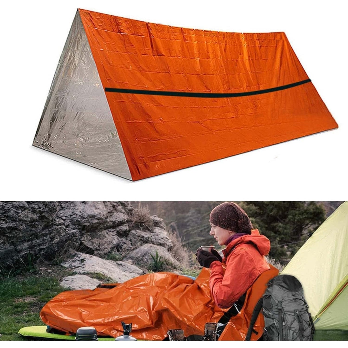 ISOP Emergency Survival Shelter Tent for 2 People + 3 Paracords, Tent Stakes, Glow Stick, Whistle | 100% Waterproof Tent | Ultralight & Extra Large
