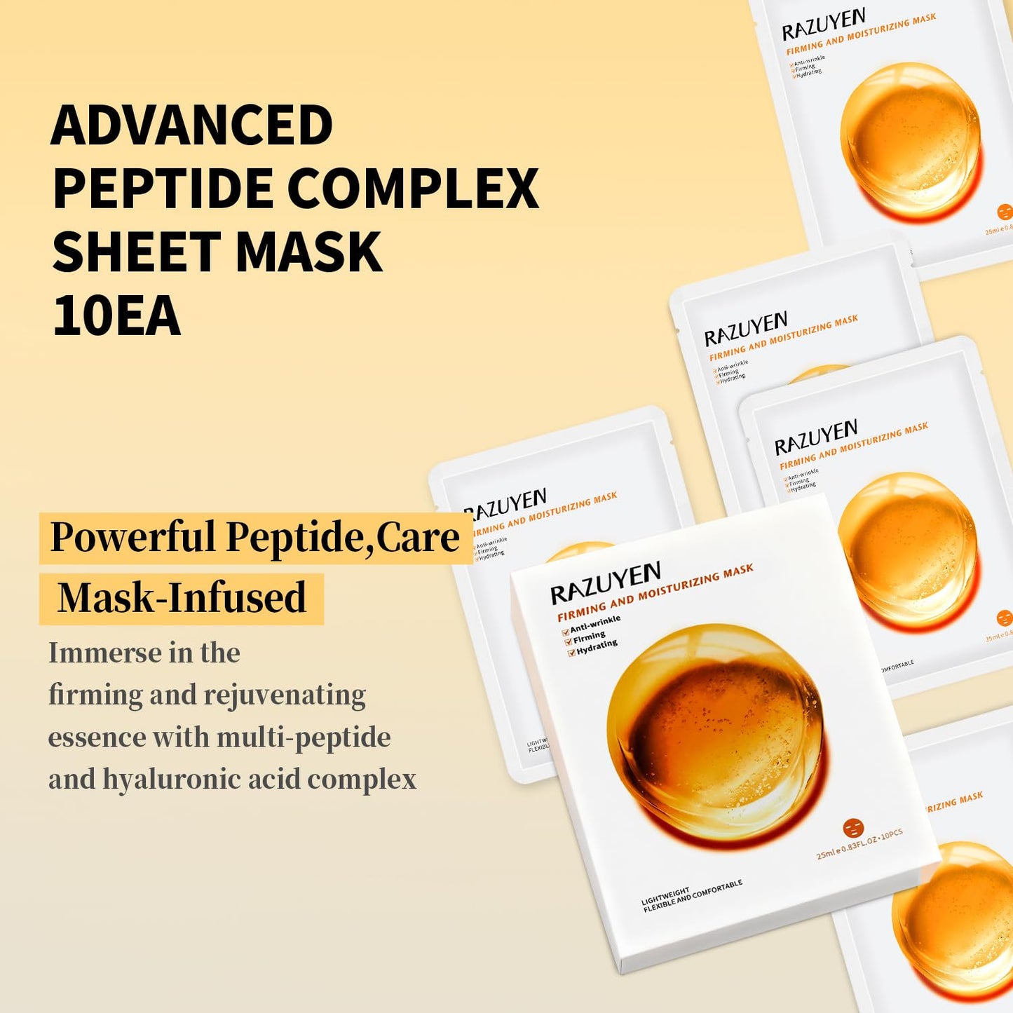 RAZUYEN Firming and Moisturizing Sheet Face Masks (Pack of 10) with Hyaluronic Acid and Peptides, Reduce Fine Lines and Wrinkles, Hydrating & Anti-Aging Spa Face Mask, Facial Skin Care - Medaid International