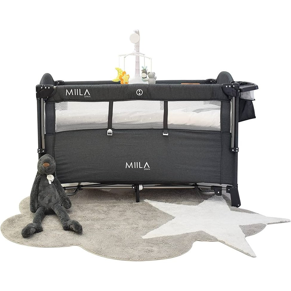 Miila - Travel Cot Foldable Playpen With Mobile - Dark Grey