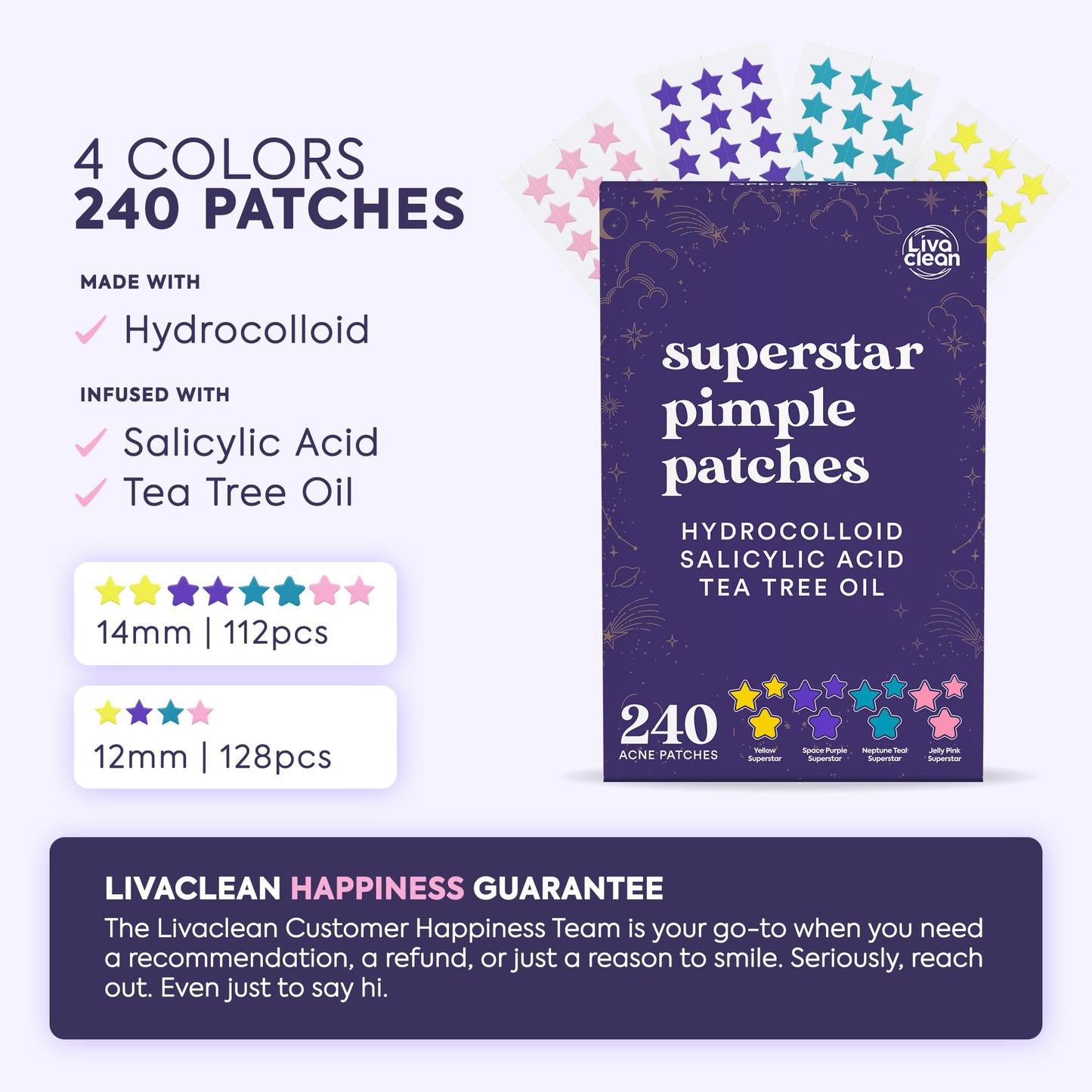 Livaclean Star Pimple Patches for Face w/ Hydrocolloid, Tea Tree oil & Salicylic Acid - Zit Stickers, Hydrocolloid Acne Patches for Face - Cute Pimple Patch, Acne Stickers - Medaid International