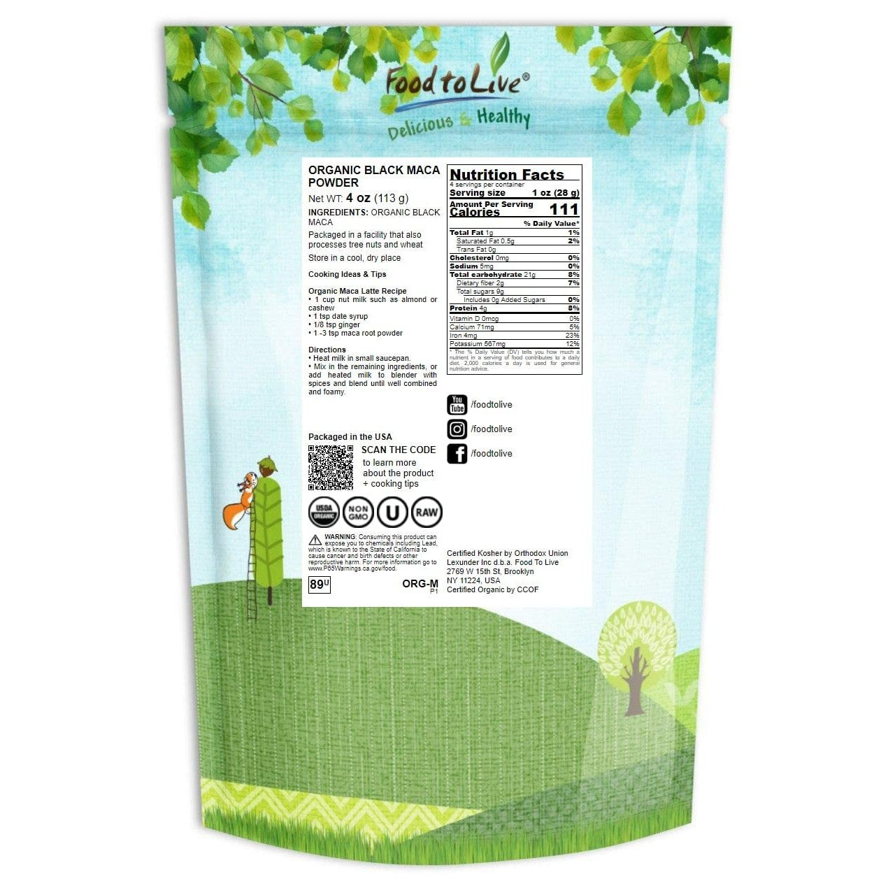 Food to Live Organic Black Maca Powder, 4 Ounces Raw Ground, Non-GMO, Kosher, Fine Flour, Bulk - Medaid International