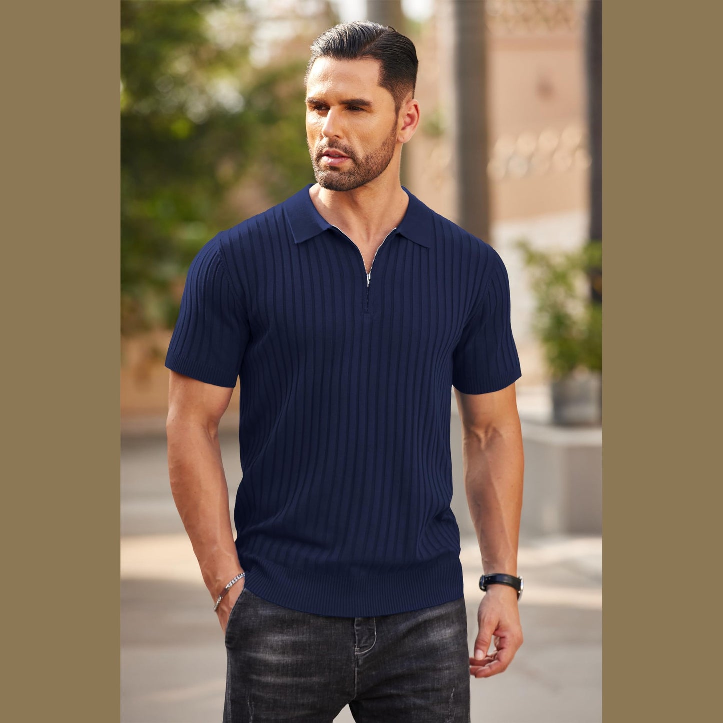 COOFANDY Men's Zipper Polo Shirts Short Sleeve Ribbed Knit Polo T Shirts Fashion Casual Golf Shirts Navy Blue - Medaid International