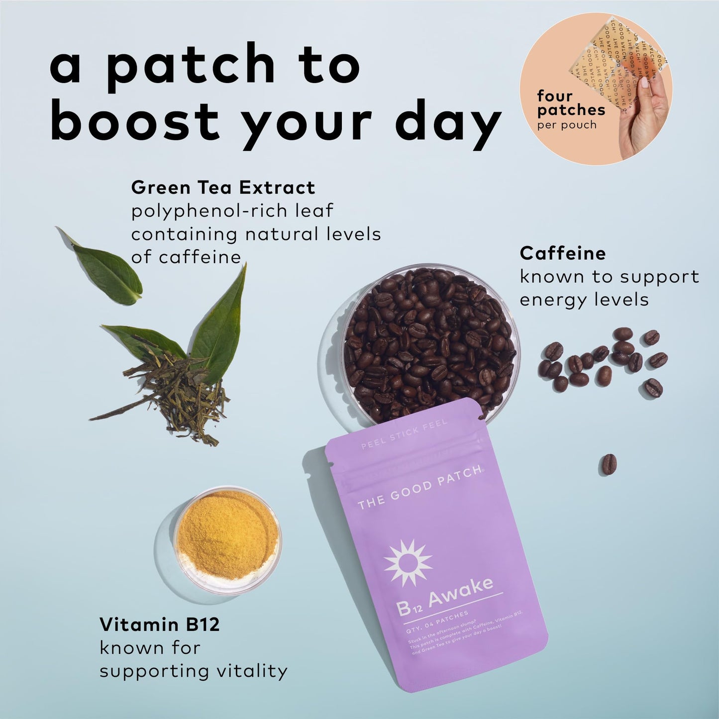 The Good Patch B12 Awake Patch, Natural Patch with Caffeine, B12, and Green Tea Extract, Plant Powered Wearable Wellness, Helps to Promote Energy (8 Total Patches) - Medaid International