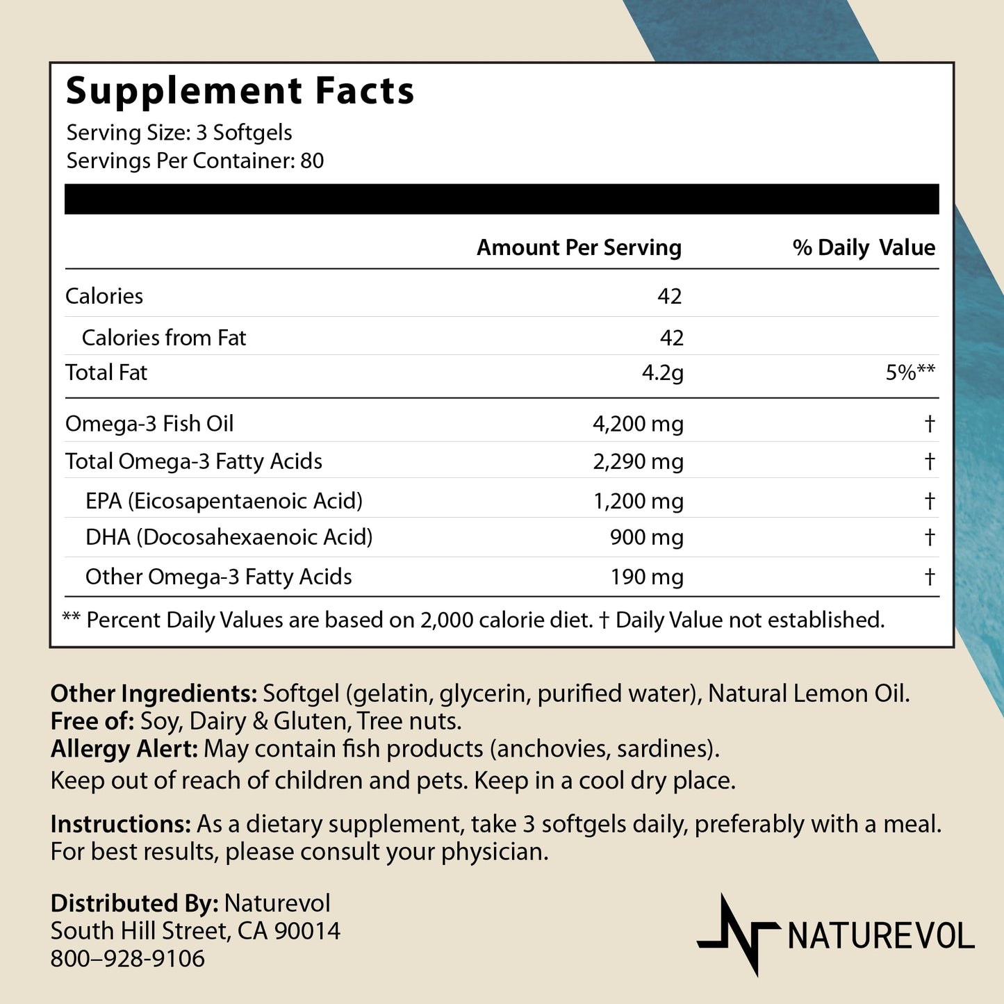 Triple Strength Omega 3 Fish Oil 4200mg - Burpless | Over 2200mg of Omega 3 Fatty Acids | 1200mg EPA + 900mg DHA | Best Essential Fatty Acids | Wild Caught/Deep Sea Fish, Lemon Flavored - 240 Softgels - Medaid International