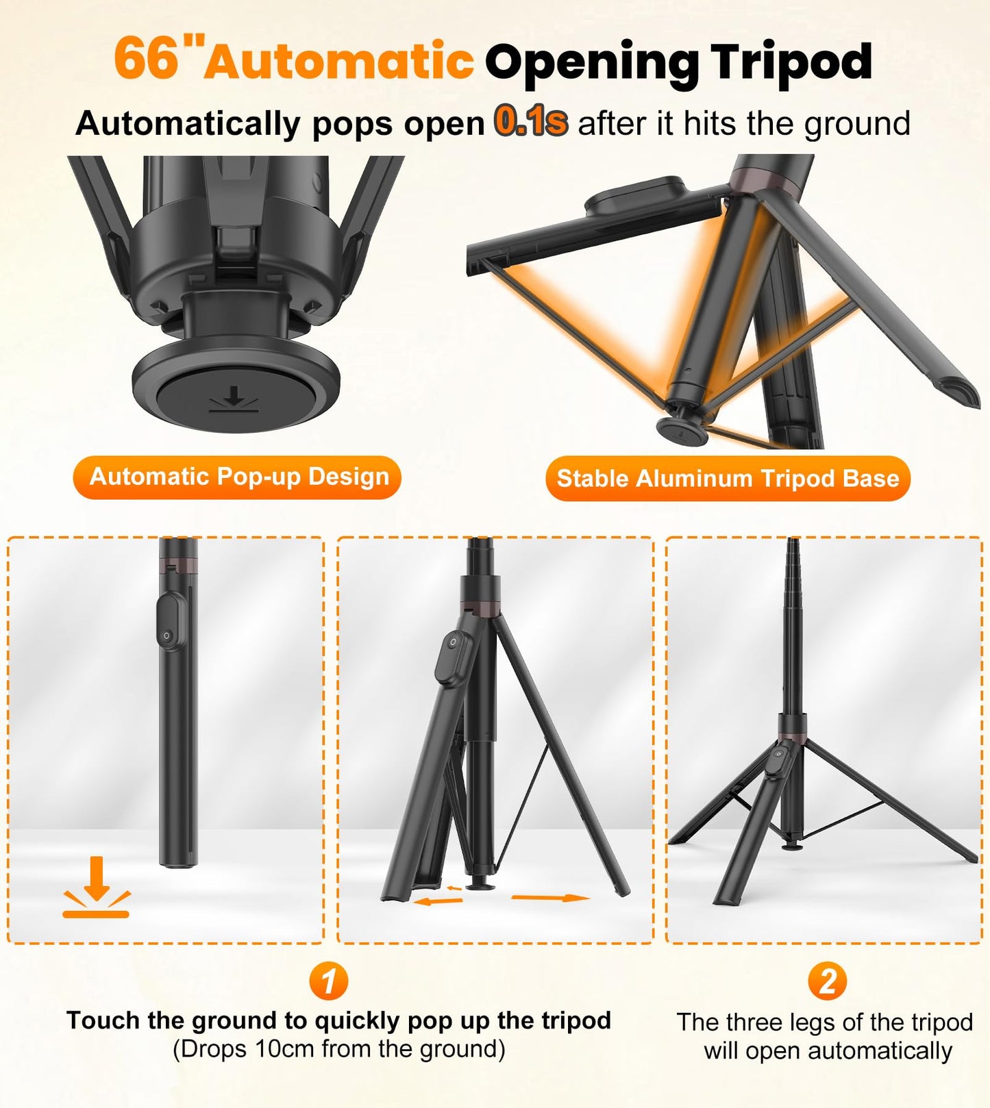 TONEOF 66" Automatic Tripod,Auto-Open Phone Tripod Stand with Magnetic Rechargable Remote,Selfie Stick Tripod 360° Vertical & Horizontal Rotatable,Stable Travel Tripod for iPhone/Android(Black) - Medaid International