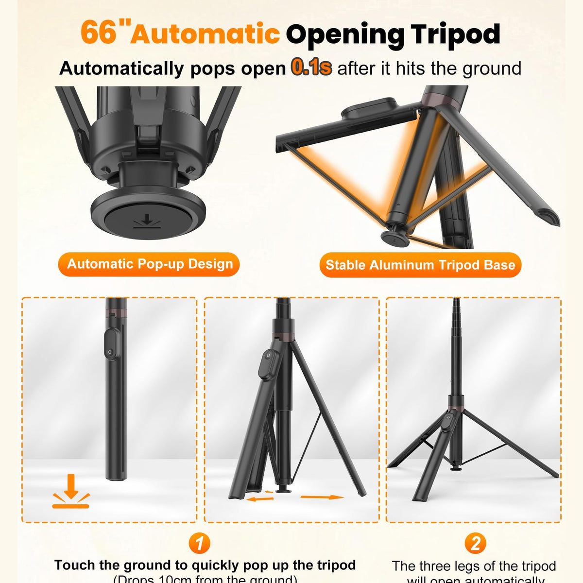 TONEOF 66" Automatic Tripod,Auto-Open Phone Tripod Stand with Magnetic Rechargable Remote,Selfie Stick Tripod 360° Vertical & Horizontal Rotatable,Stable Travel Tripod for iPhone/Android(Black) - Medaid International