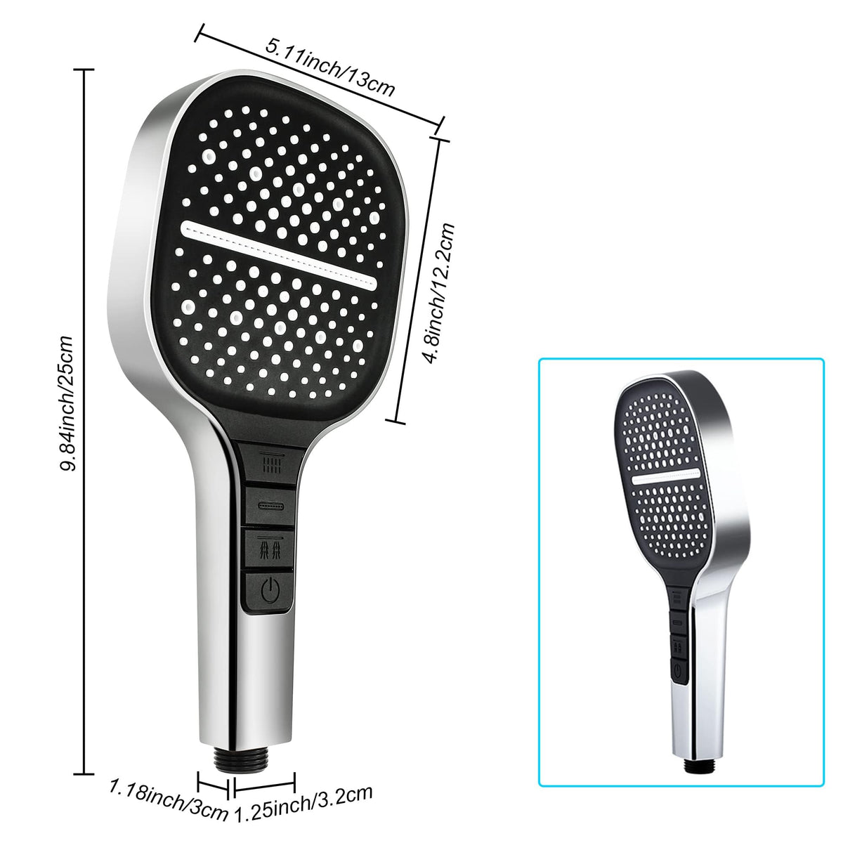 KASTWAVE Shower Head, High Pressure Shower Heads with 8 Spray Modes, Universal Water Saving Large Handheld Powerful Square Shower Head, Single Hand Adjustable (Without Hose Set 1.5m)