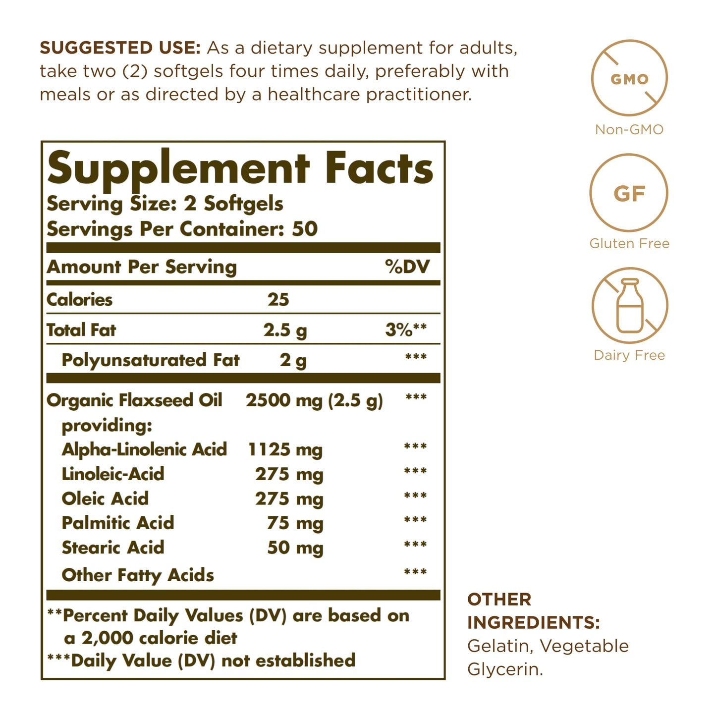 Solgar Flaxseed Oil 1250 mg, 100 Softgels - Organic, Cold-Pressed Omega 3 Essential Fatty Acids - Supports Heart, Immune & Skin Health - Non-GMO, Gluten Free, Dairy Free - 50 Servings - Medaid International