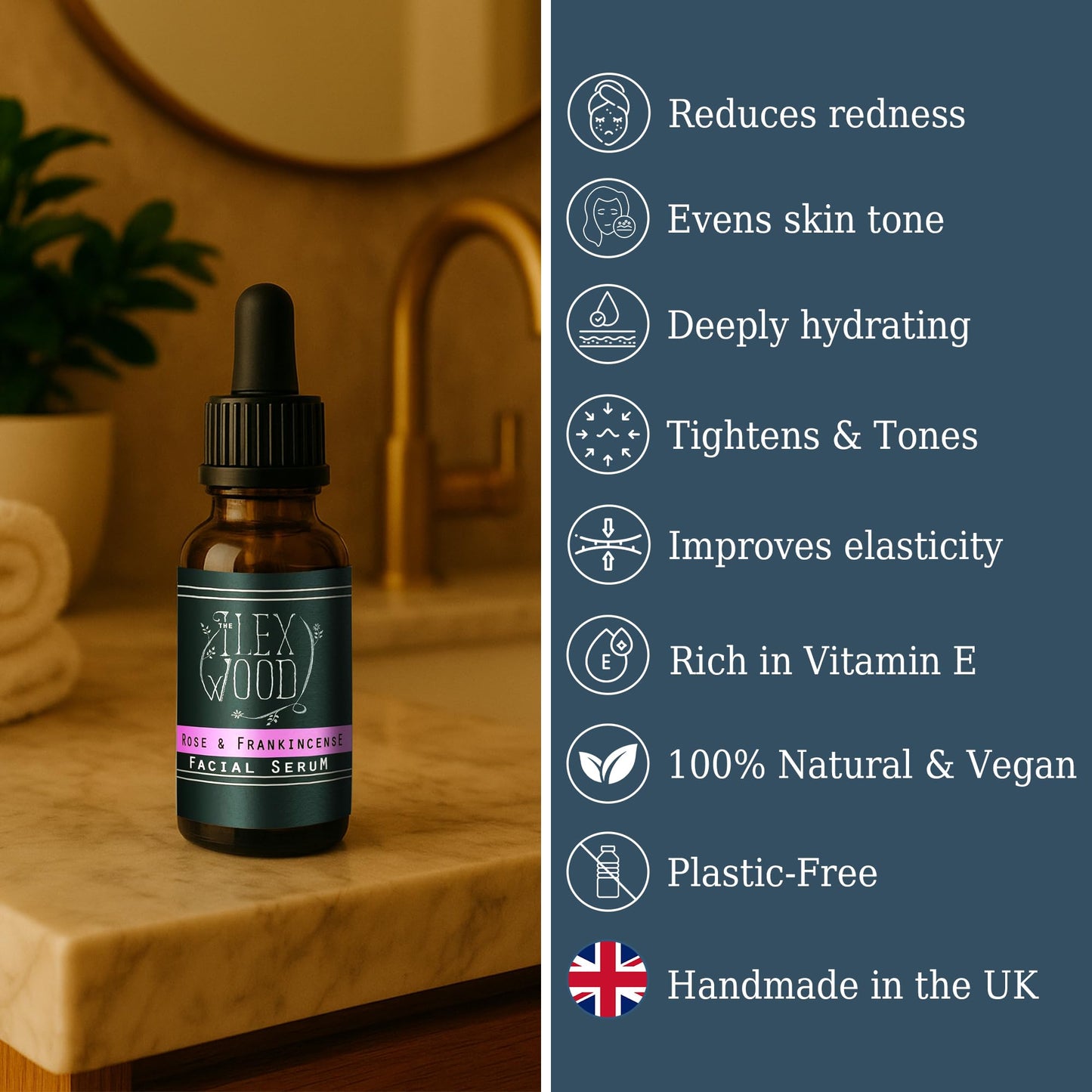 The Ilex Wood - Rose and Frankincense Face Serum - 100% Natural, Vegan, Moisturising, Anti Ageing, Wrinkle & Line Reducing, Cruelty Free, Plastic Free, Handcrafted - 20ml (0.68 fl oz) - Medaid International