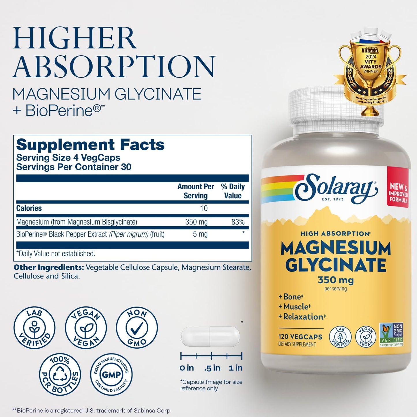 SOLARAY Magnesium Glycinate Capsules, Chelated Magnesium Bisglycinate w/BioPerine, Higher Absorption Magnesium Supplement - Bones, Muscles, Heart Support, Vegan (30 Servings, 120 VegCaps) - Medaid International