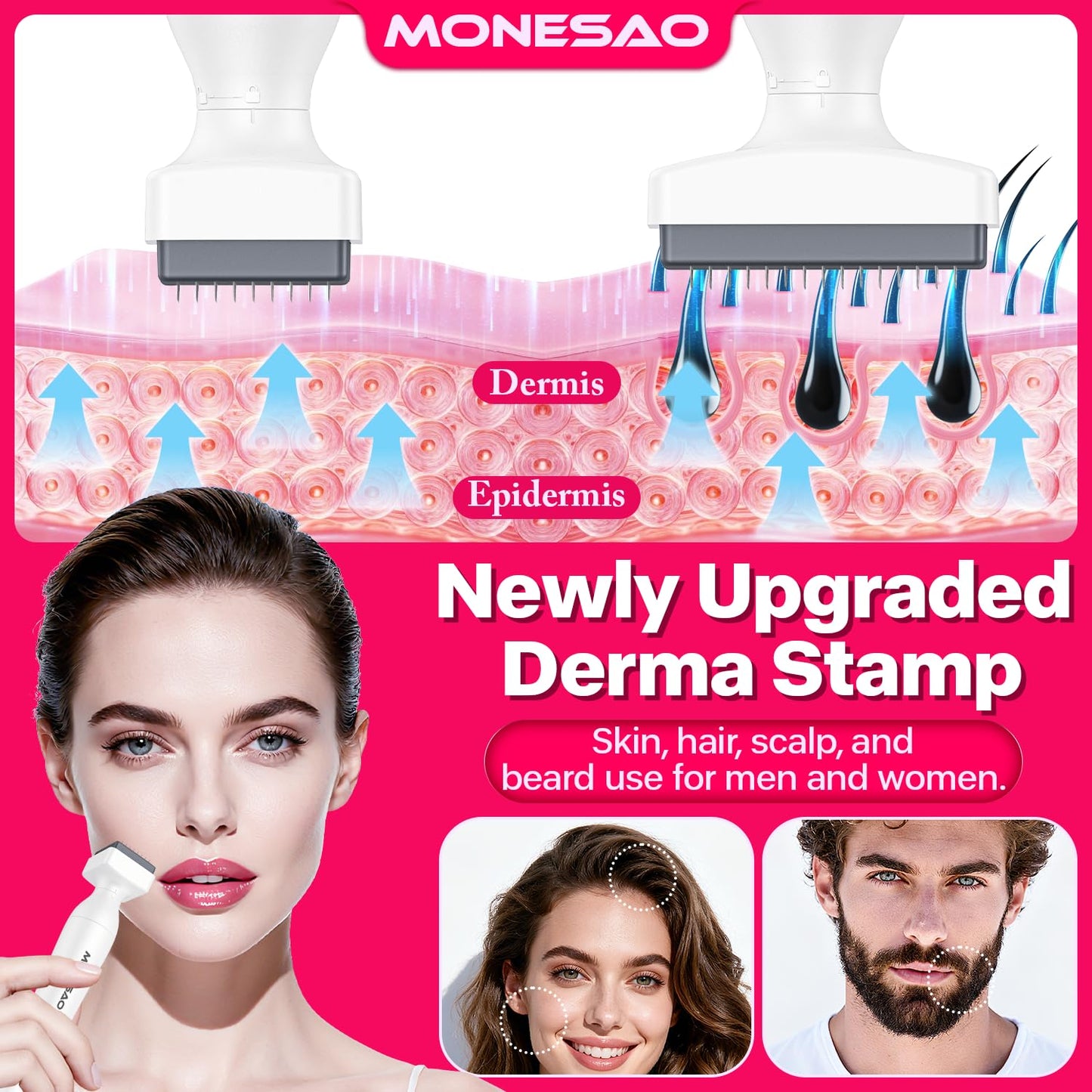 Derma Stamp, MONESAO Microneedling Stamp for Skin Face Hair Scalp Beard, Microneedle Dermastamp Tool with 2 Replacement Heads, Micro Needling Stamp Kit for Women and Men - Medaid International