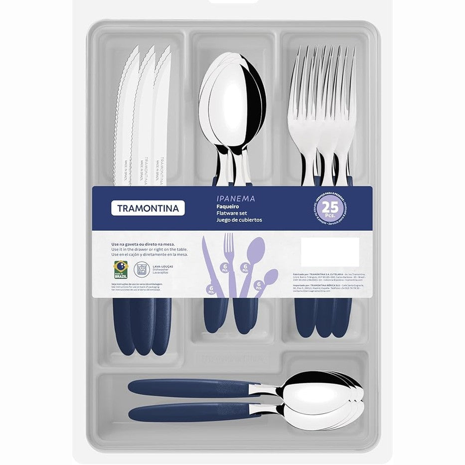 Tramontina Ipanema 25-Piece Flatware Set and Plastic Drawer Organizer(Blue)
