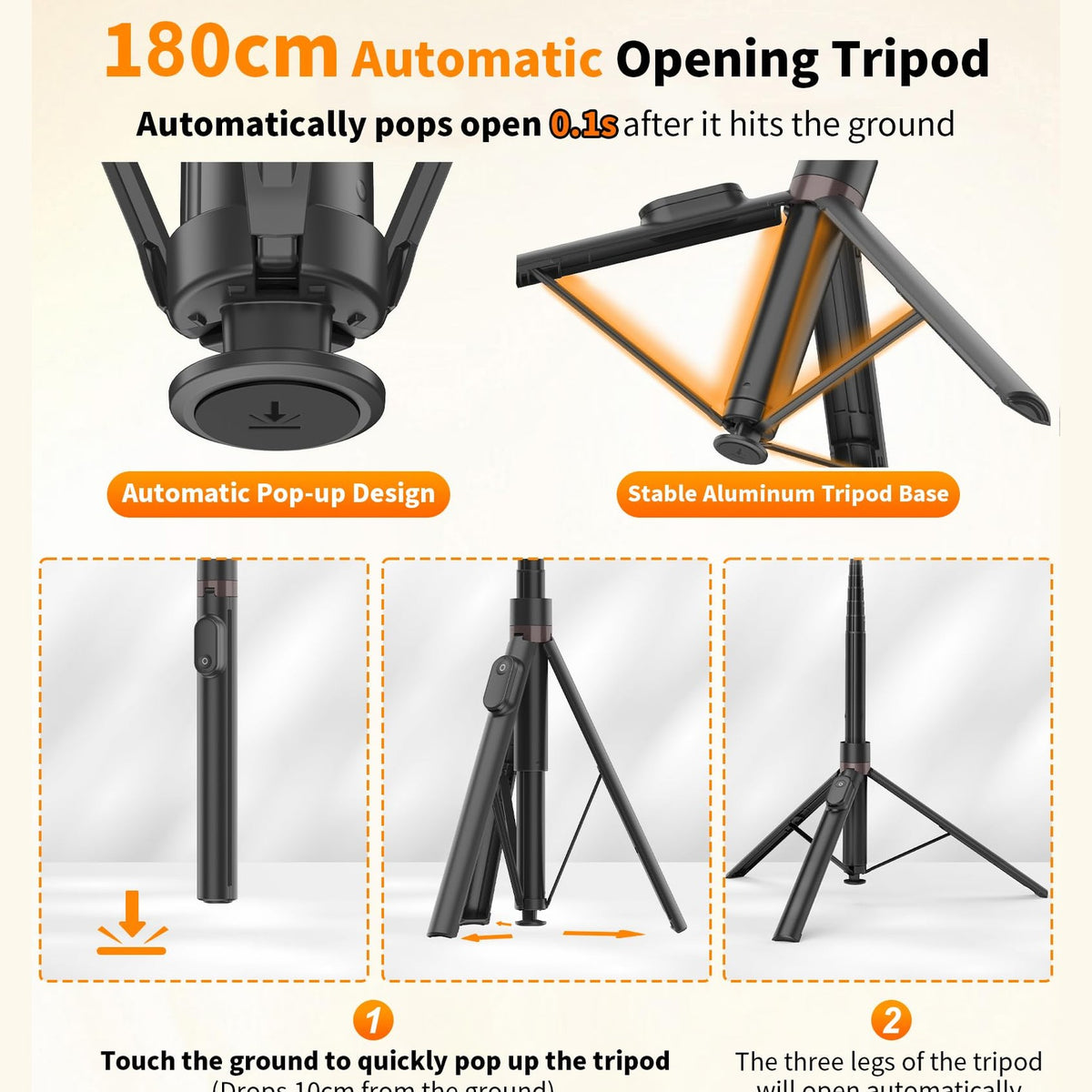 TONEOF 180cm Automatic Selfie Stick, 360° Rotation Phone Stand with Magnetic Remote, Cell Phone Tripod Compatible with iPhone (Black) - Medaid International