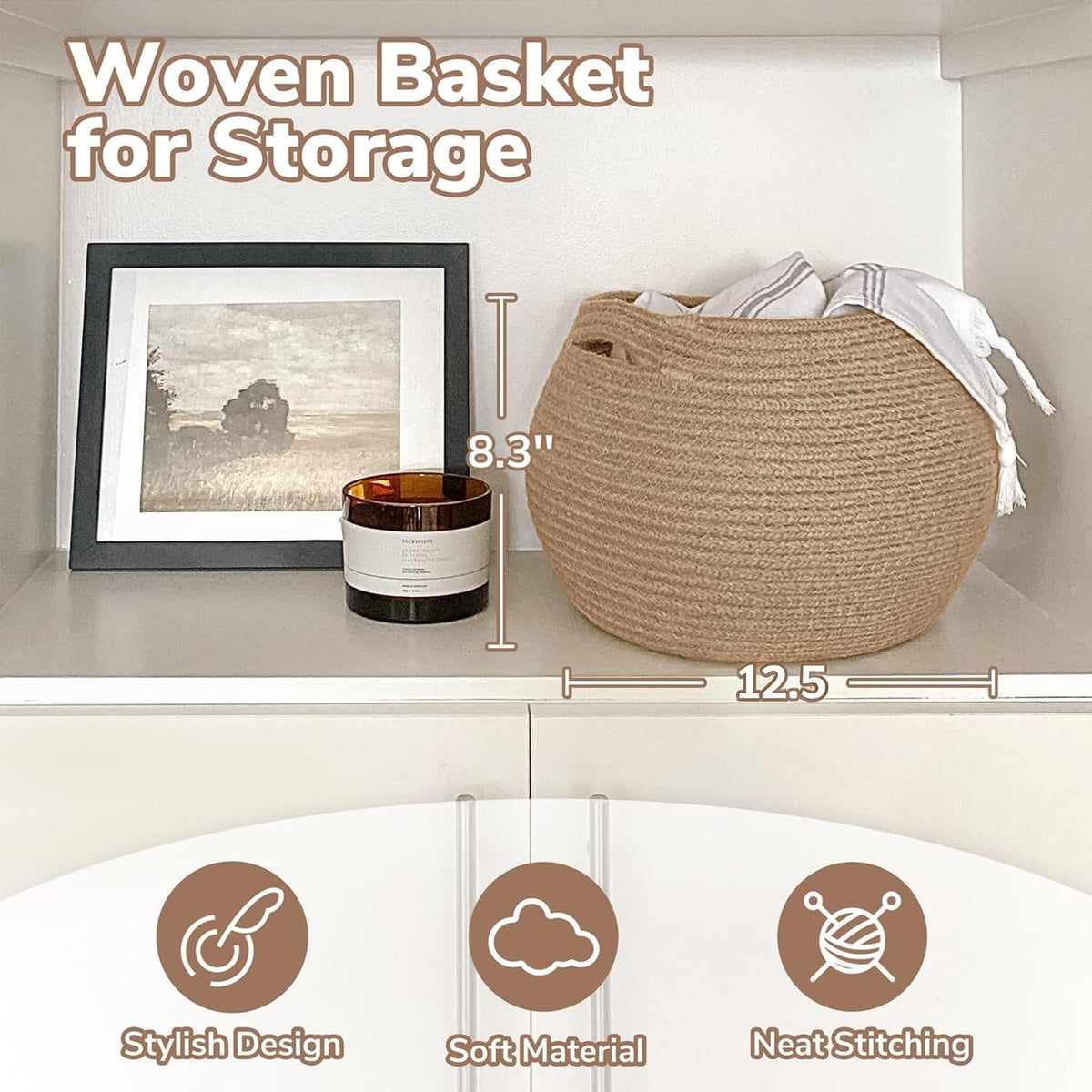 TERRIFI Round Storage Basket with Handles, Woven Jute Rope Organizer, Foldable Cotton Rope Basket for Nursery Toys, Towels, Indoor Plant Pots and Home Decor, 26 * 21cm