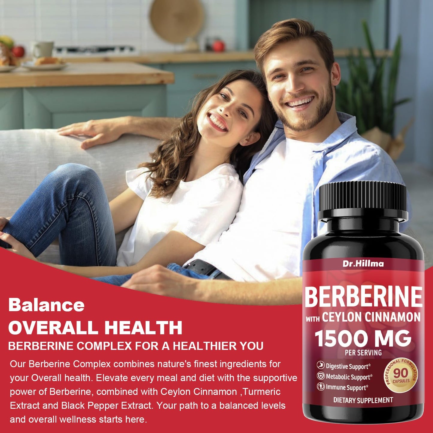 Dr.hillma Berberine Supplement 1500mg, High Bioavailability Berberine HCL with Ceylon Cinnamon, Supports Metabolic & Overall Wellness, Gluten Free, Non-GMO, 90 Capsules - Medaid International