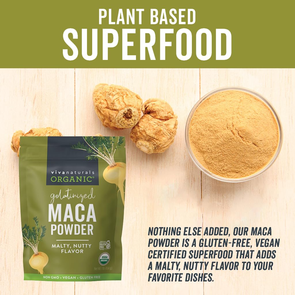 Viva Naturals Organic Maca Powder, Gelatinized, 16 oz (1 lb) – Vegan, USDA Organic, Gluten-Free, Non-GMO Peruvian Superfood in Resealable Bag - Medaid International