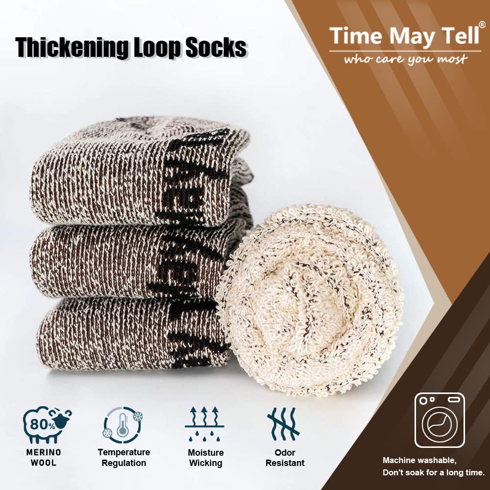 Time May Tell Mens Merino Wool Hiking Cushion Socks Thermal Warm Crew Winter Boot Socks Pack (Brown(2 pairs), US Size 9-13) - Medaid International