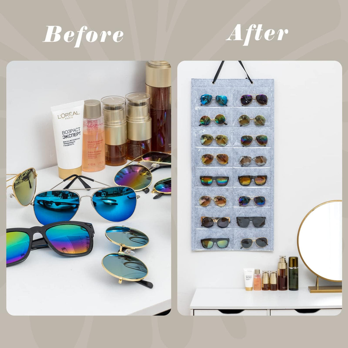 TERRIFI Sunglasses Organizer and Storage Bag - Hanging Dust Proof Wall Pocket With 16 Felt Slots Double Sided Holder - 2 Pack